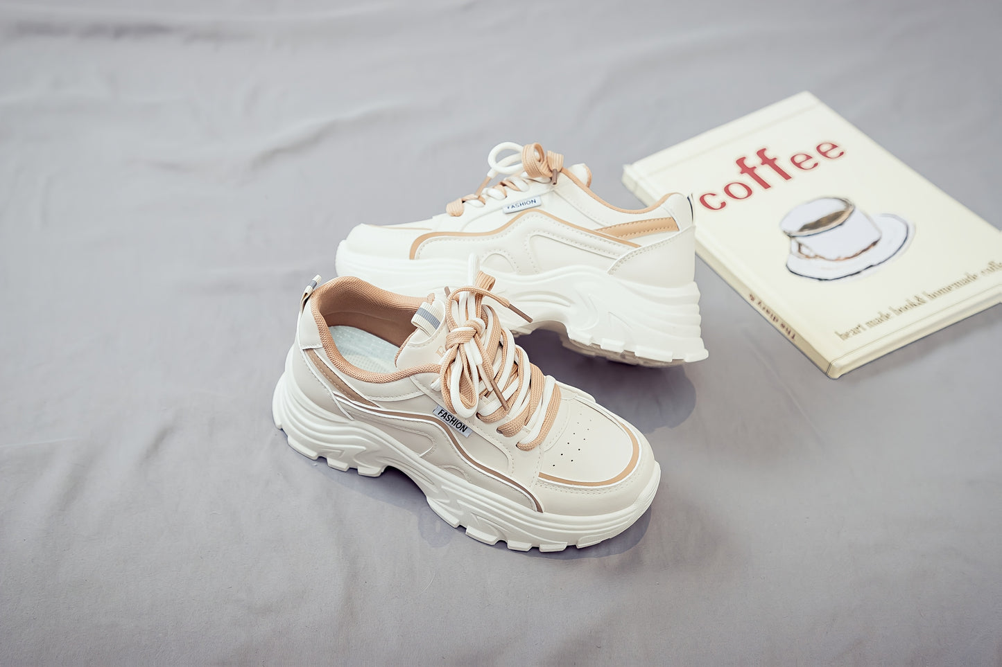 Women's Trendy Chunky Sneakers - Breathable Lace-Up Dad Shoes with Thick PVC Sole, White Beige Two-Tone Design, Versatile Low-Top Style for Casual Attire