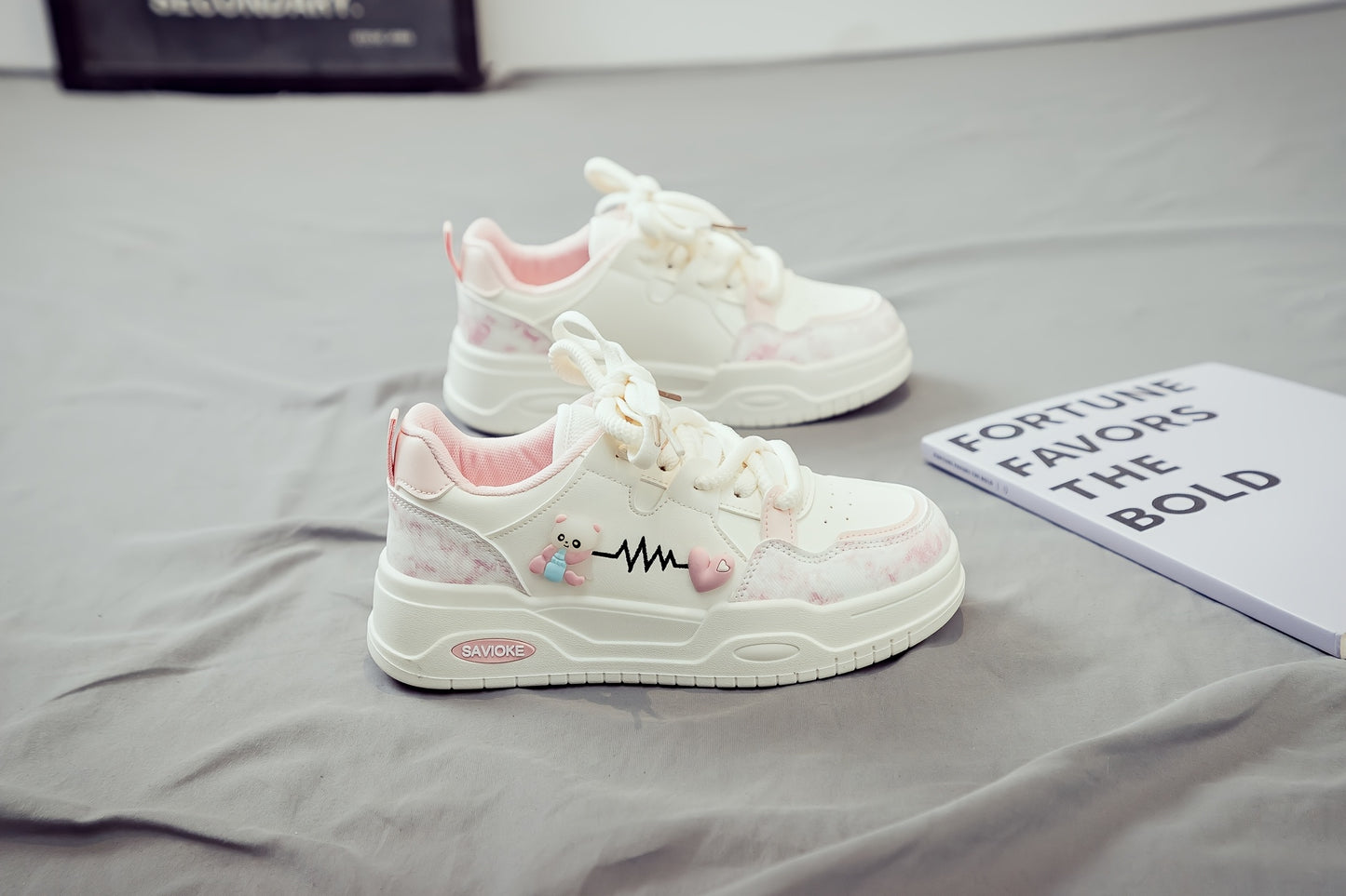 Women's White Mid-Top Sneakers with Bear Heart Stripes Design - PU Cover Upper, Thick Cushioned PVC Sole - Trendy Casual Shoes for All-Season Comfort