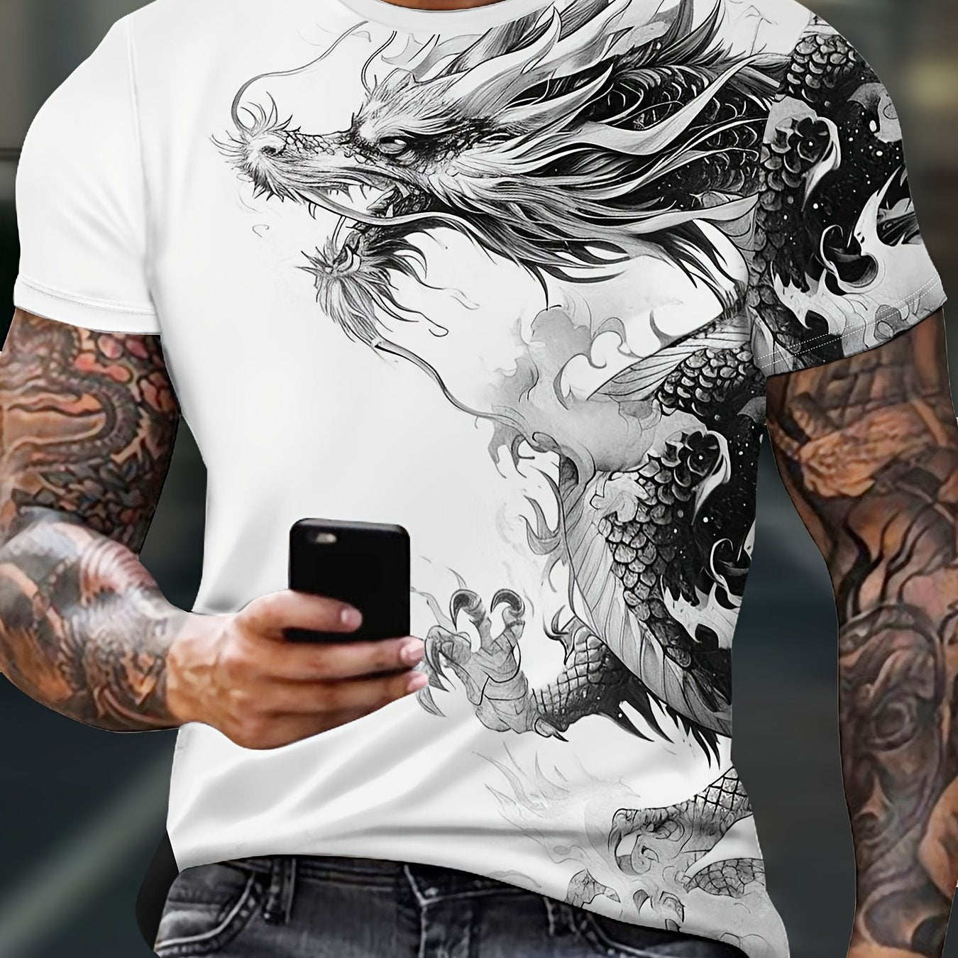 Men's Bold Dragon Graphic Tee - Short Sleeve, Crew Neck, Polyester Blend - Perfect for Summer Outings Casual Wear