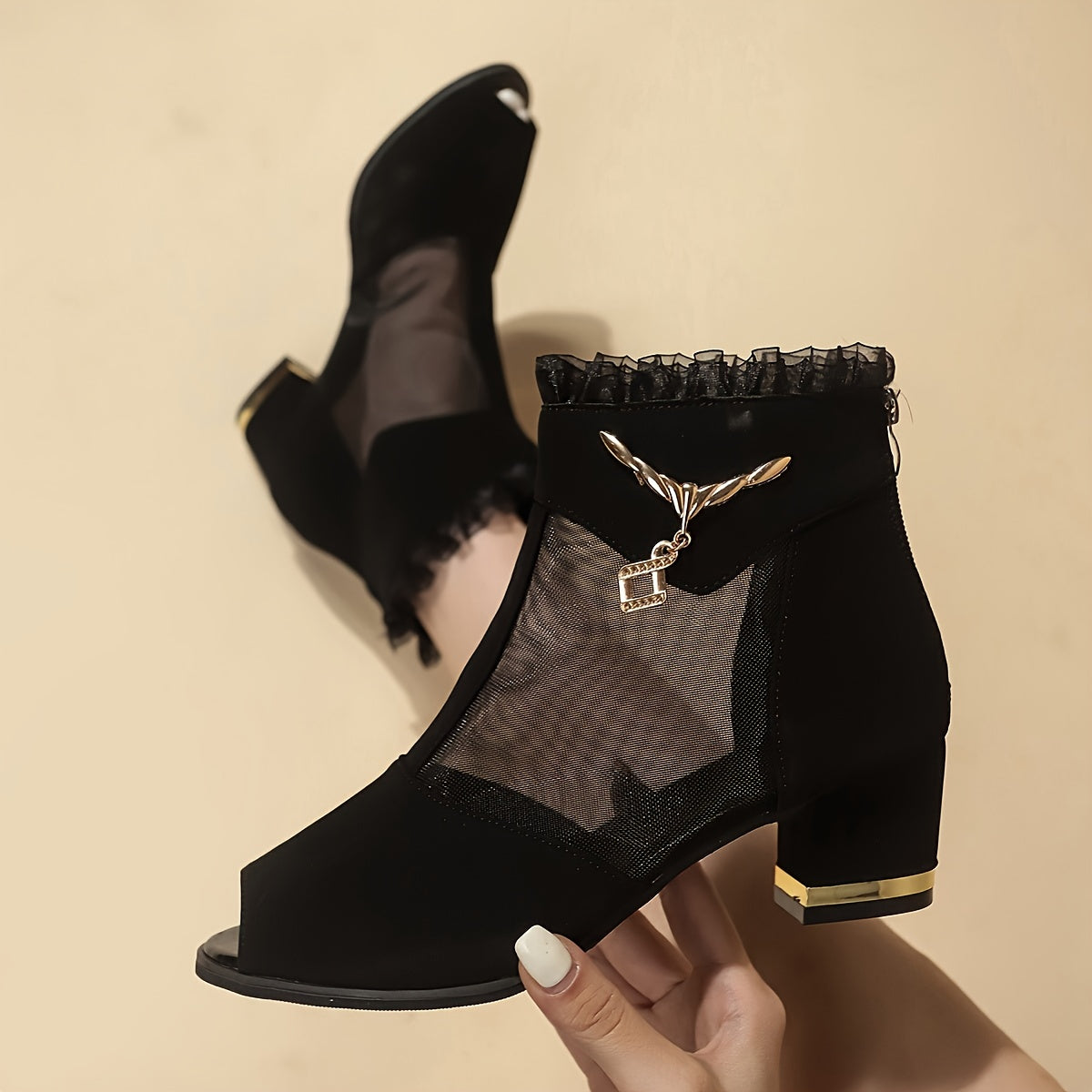 Elegant Black High-Heel Sandals with Mesh Upper - Comfortable Block Heel, Open Toe Design, Stylish Zipper Closure, Perfect for Summer Formal Wear, Formal Footwear Elegant High Heel Zipper Closure Sandals