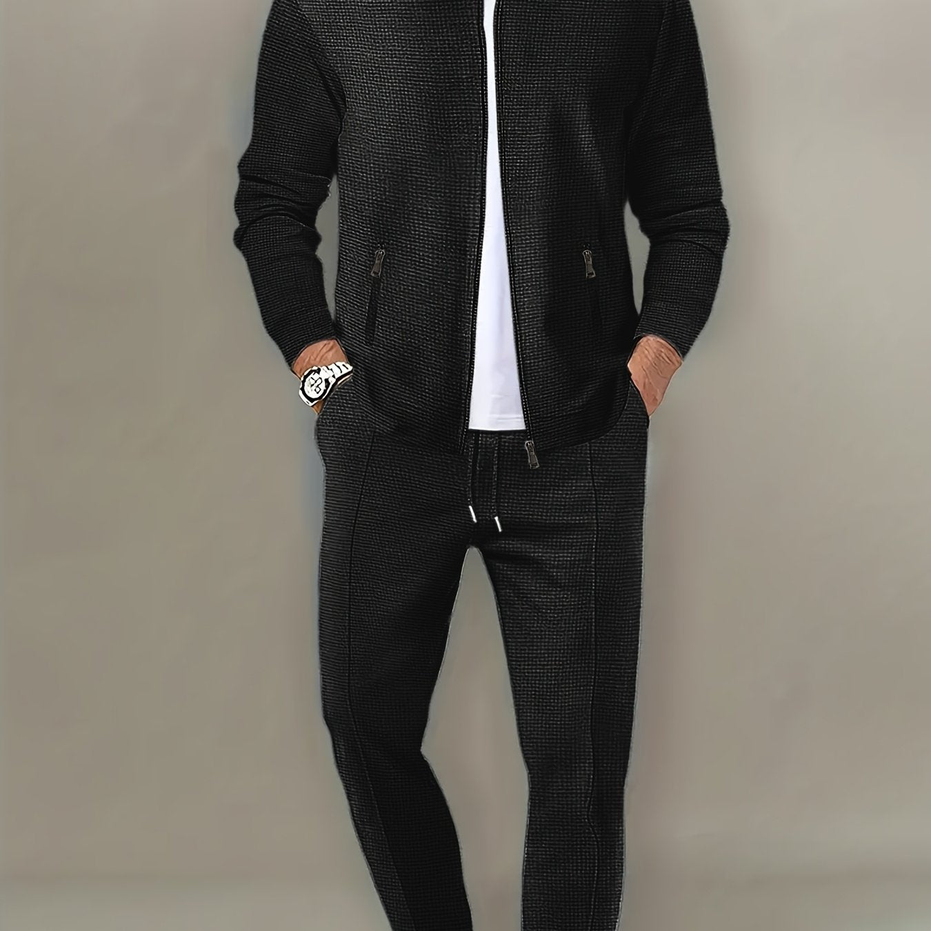 Men's Spring Waffle Knit Sportswear Set, European and American Style Casual Outfit