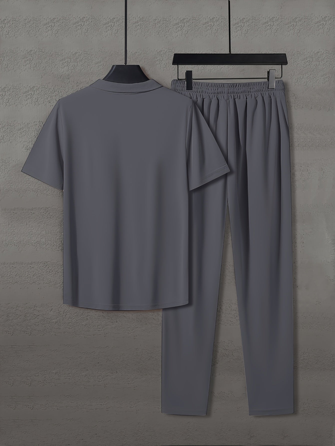 Men'S Summer Solid Color Trendy Casual Suit Collared Short Sleeve Long Pants Suit, Perfect for Outdoor
