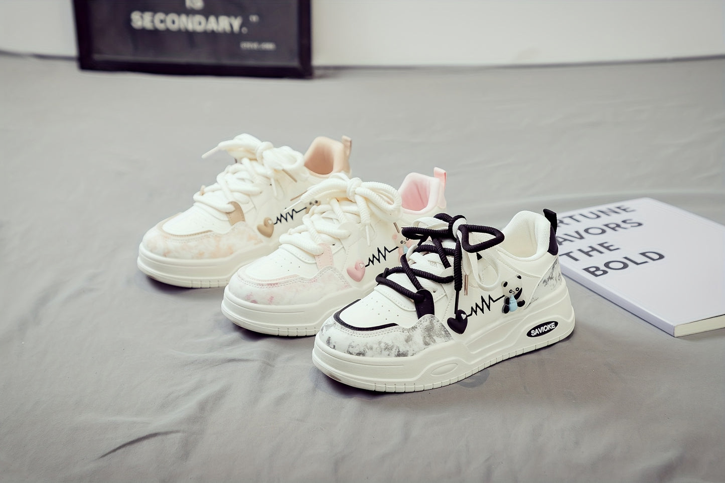 Women's White Mid-Top Sneakers with Bear Heart Stripes Design - PU Cover Upper, Thick Cushioned PVC Sole - Trendy Casual Shoes for All-Season Comfort