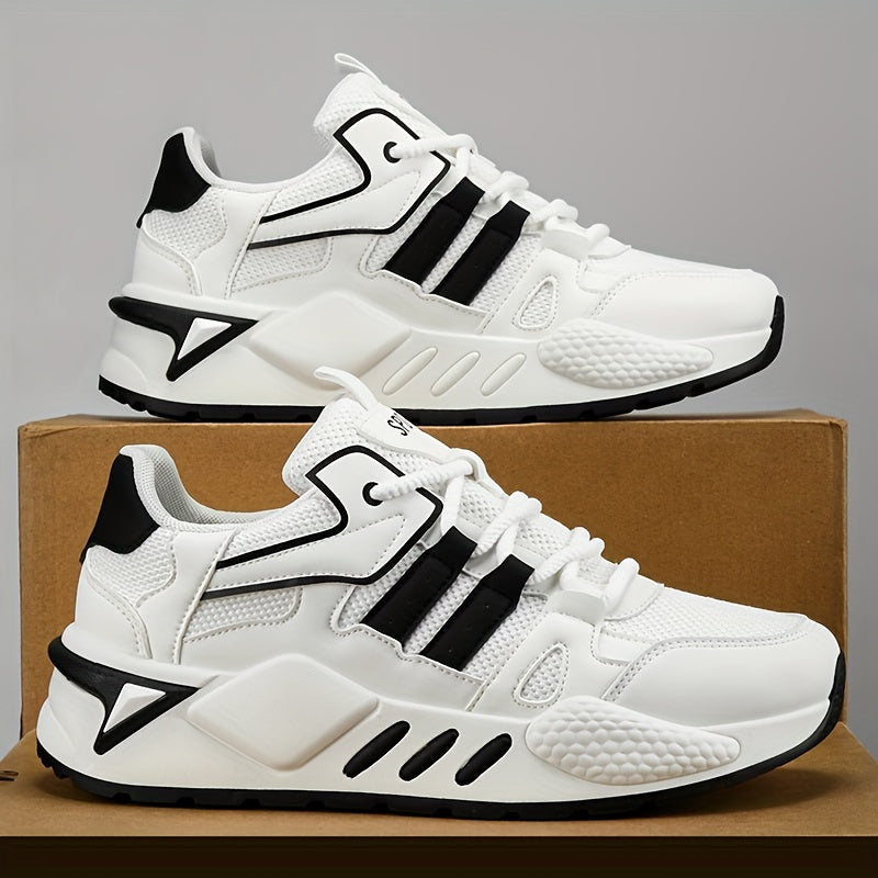 Men's Low-Top Skate Sneakers - White/Black Accent Lace-Up Shoes, Cushioned EVA Insole Non-Slip Rubber Outsole for All-Season Urban Streetwear, Gym, Everyday - Breathable PU Upper Casual Shoes, Gym Footwear, Street Style, Du