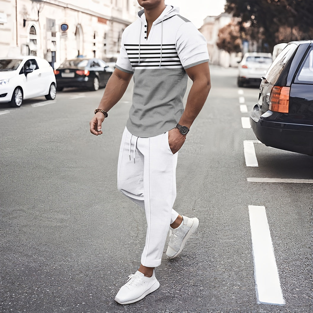 Men'S Summer Casual Sportswear Set, Striped Patchwork Short Sleeve, Polyester Material, Suitable for Leisure and Sports Outings, Fashionable and Trendy, with Drawstring Belt and Pockets, Ideal for Summer Activities, Hooded Sh
