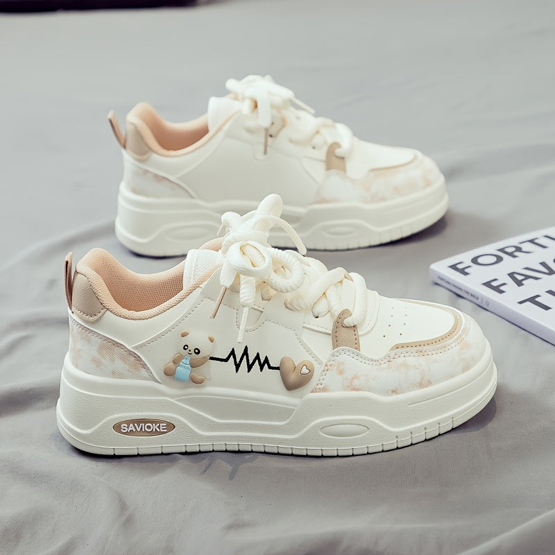 Women's White Mid-Top Sneakers with Bear Heart Stripes Design - PU Cover Upper, Thick Cushioned PVC Sole - Trendy Casual Shoes for All-Season Comfort