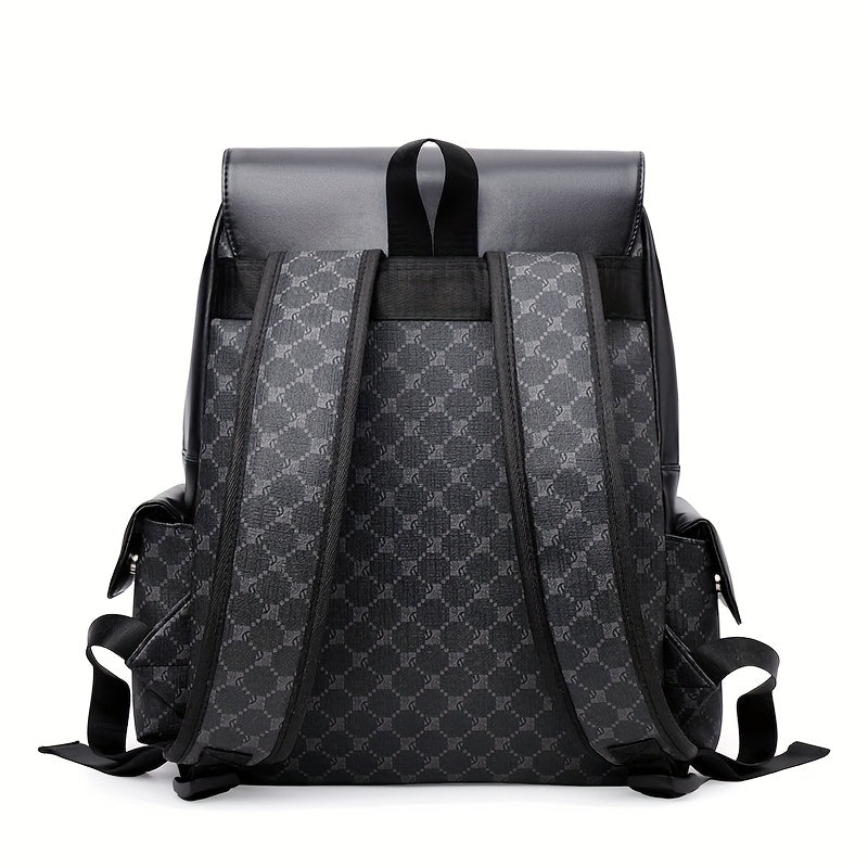 Men'S Stylish Black Brown Gingham Print Backpack - Versatile Commuter Bag with Multiple Pockets, Adjustable Straps, and Golden-Tone Hardware for Work, Travel, and Study, Travel Backpack Gingham Pattern Synthetic Backpac