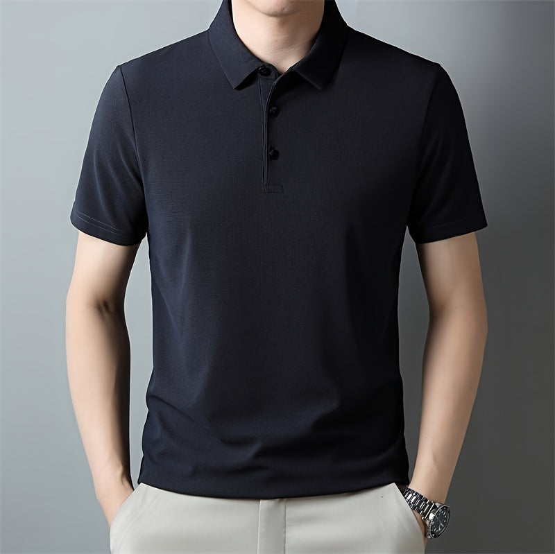 Men's Solid Short Sleeve And Lapel Collar Henley Shirt, Casual And Comfy Sports Tops For Summer Golf Wear And Outdoors Activities