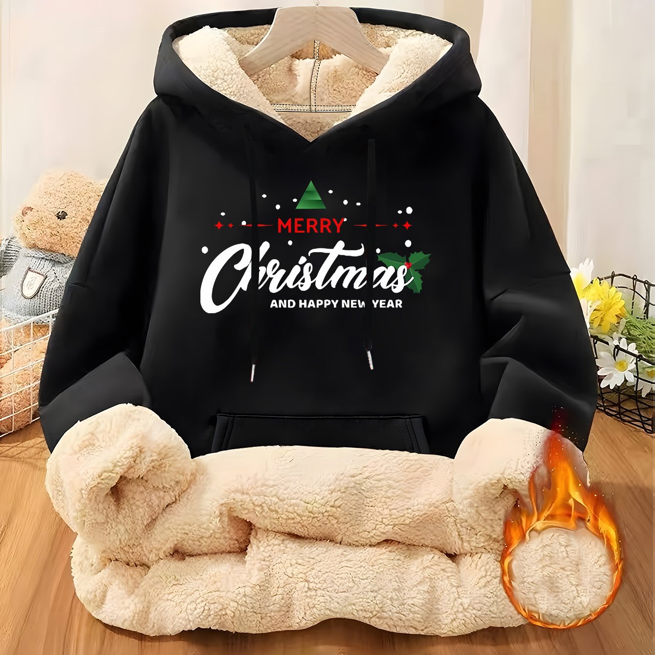 Women'S Plus Size Winter Warm Hooded Sweatshirt with Merry Christmas & Happy New Year Print - Thick Fleece-Lined Oversized Pullover, Cozy Casual Sweater for Christmas, Halloween Gifts, Christmas Sweatshirt, Festive Clothing,