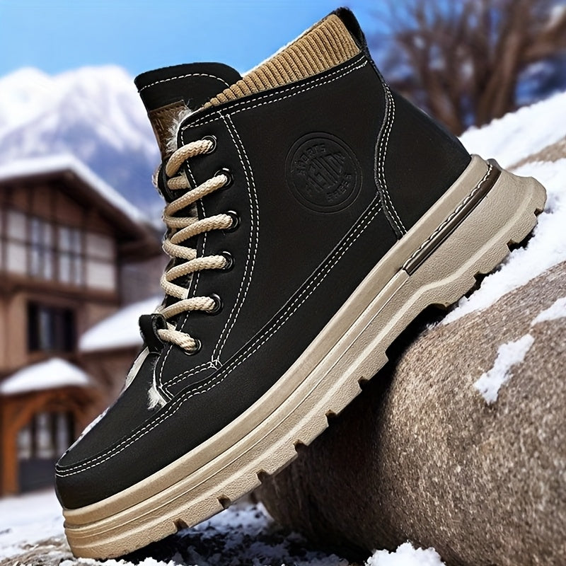 Men's Winter Snow Boots with -Like Collar & Thick Ankle - Upper, PVC Traction Tread, Lace-Up Ankle-High Trekking Boots for Ice, Snow, Hiking, - Warm Outdoor & Casual
