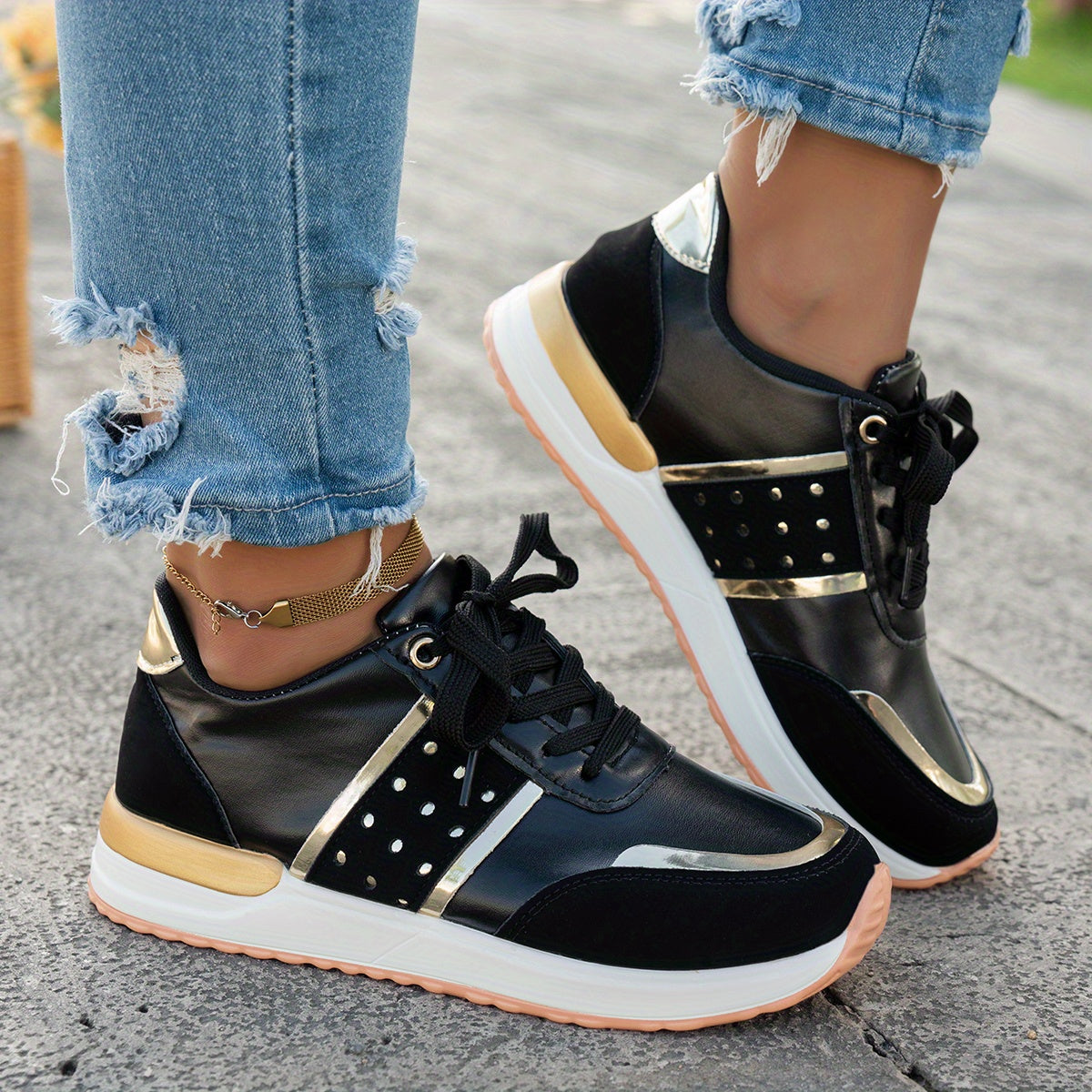 Women'S Chunky Platform Sneakers - Pastel Yellow Pink Synthetic Cover Low-Top Lace-Up Shoes with Golden Accents, Breathable Fabric Lining, Durable PU Sole for All-Season Casual Wear, Ladies Sneakers, Comfortable Footwear