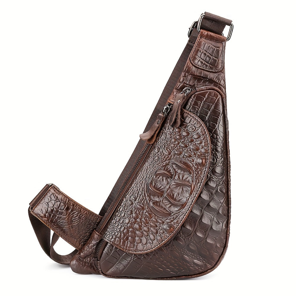 HUMERPAUL Men'S Casual Brown Leather Crossbody Bag with Alligator Print - Adjustable Strap, Multi-Compartment, Everyday Commute Shoulder Bag, Everyday Bag Casual Style Bag Adjustable Strap Bag