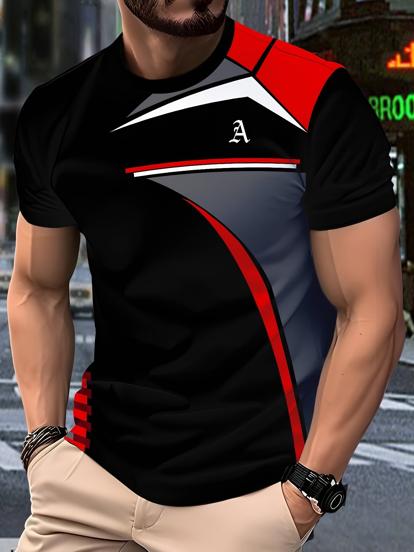 Men's Black 3D Geometric Print T-Shirt – Casual Short Sleeve Summer Tee with Red Gray Accents, Round Neck, Machine Washable for Outdoor Sports, Everyday Comfort, Durable Fabric