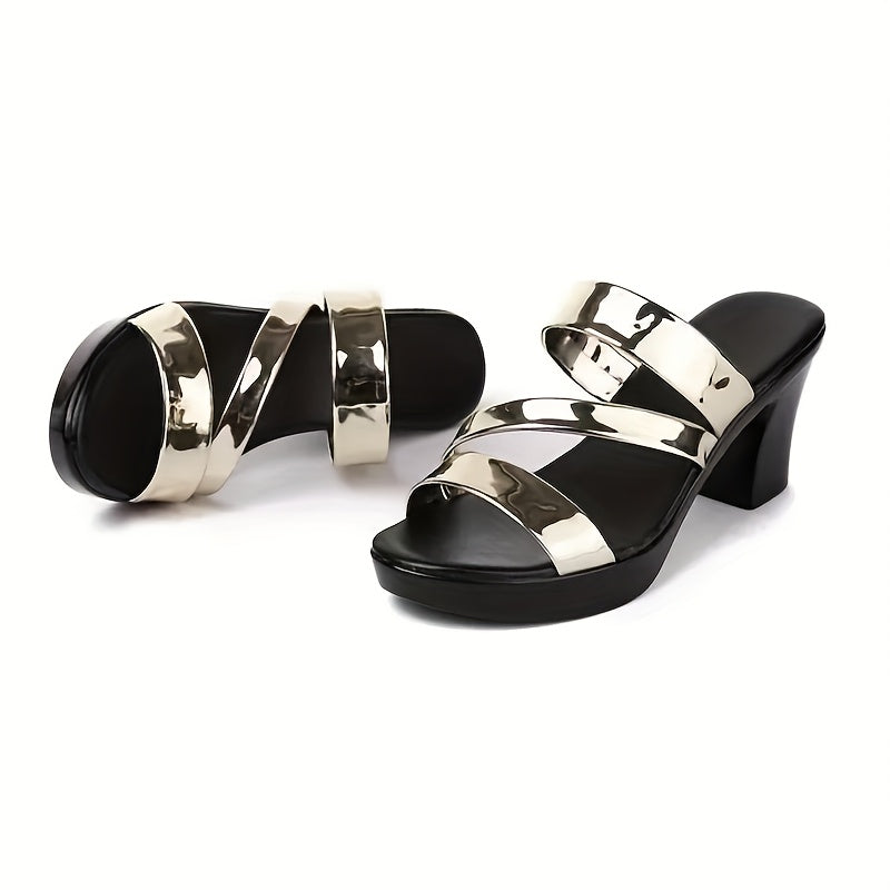 Women'S Summer Metallic Block Heel Shoes - Open Toe, Slip-On Design with Glossy Straps, Platform, Lightweight Non-Slip, Perfect for Beach, Home, Outdoor, and Formal Occasions, Formal Footwear Stylish Shoes Rubber Sole