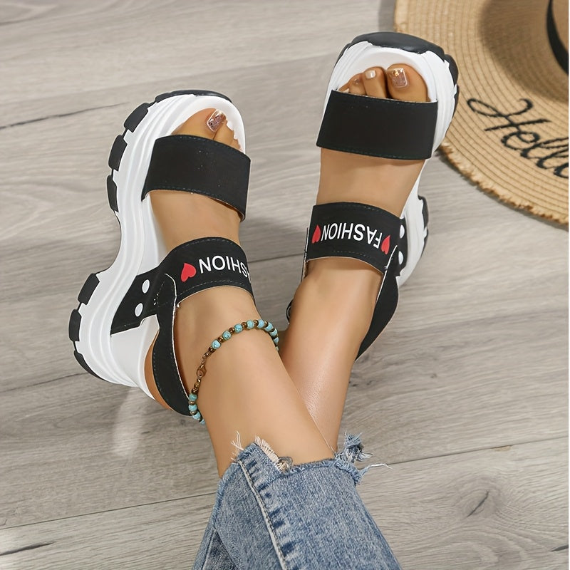Women's Platform Wedge Sandals with Thick Sole Ankle Strap Metal Buckle - Open Toe Summer Casual Shoes, White Black Faux Cover, Cushioned Insole for All-Day Comfort