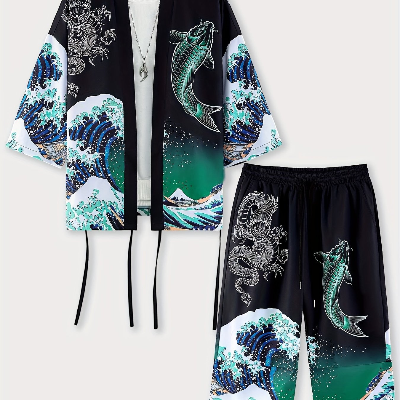 Men's Kimono Set with Carp Leaping Over the Dragon Gate Pattern