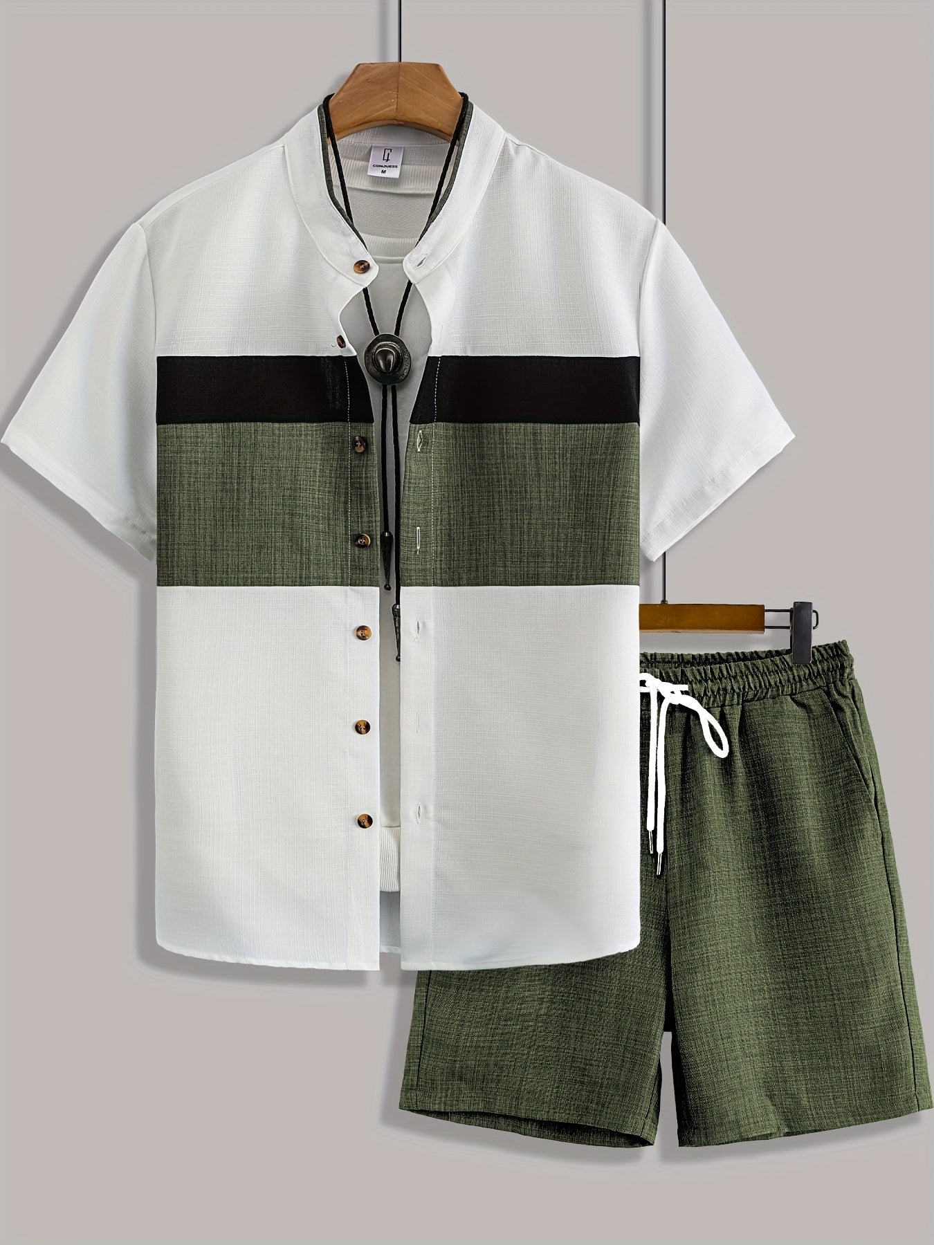 Men'S Casual Solid Color Two-Tone Suit with Stand Collar, Three-Color Imitation Linen, Exquisite Button, Double Short, Solid Color Set