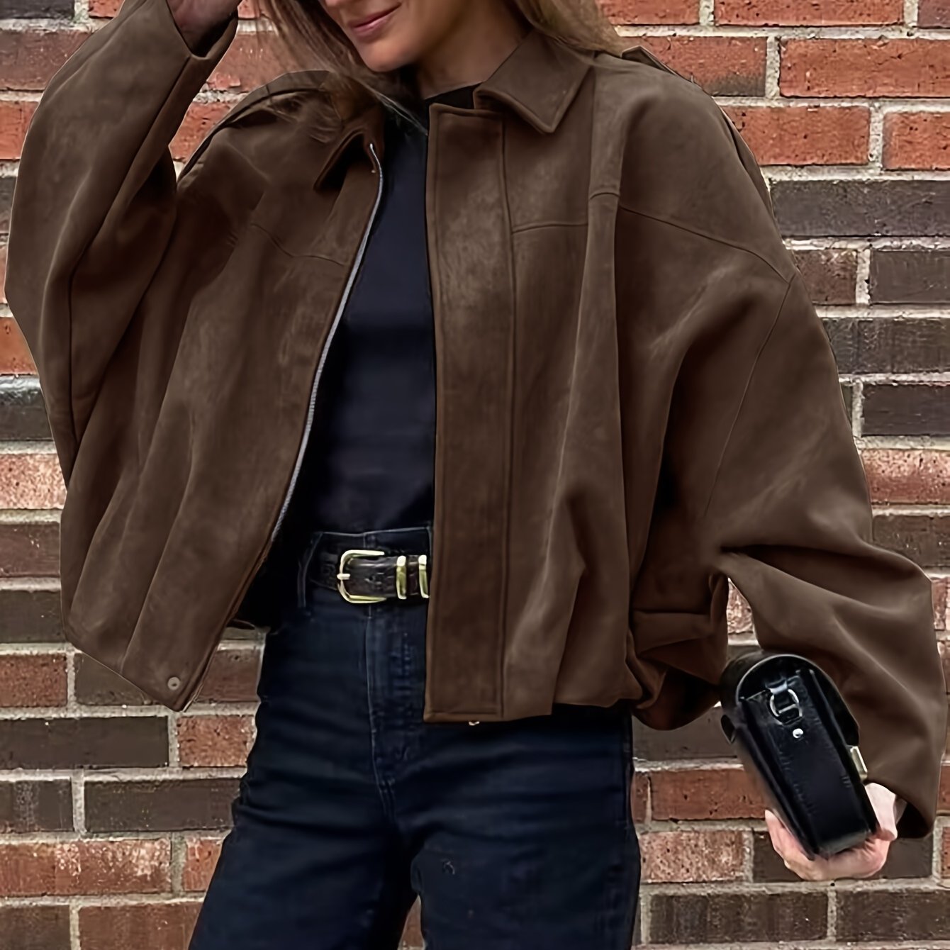 Women'S Vintage Bomber Jacket - Loose Fit Long Sleeve Zip-Up with Drop Shoulder Design, Brown Casual Outerwear for Fall/Winter, Non-Stretch Fabric, Perfect for Casual Attire, Autumn Winter Jacket | Vintage Bomber Style | Zipp