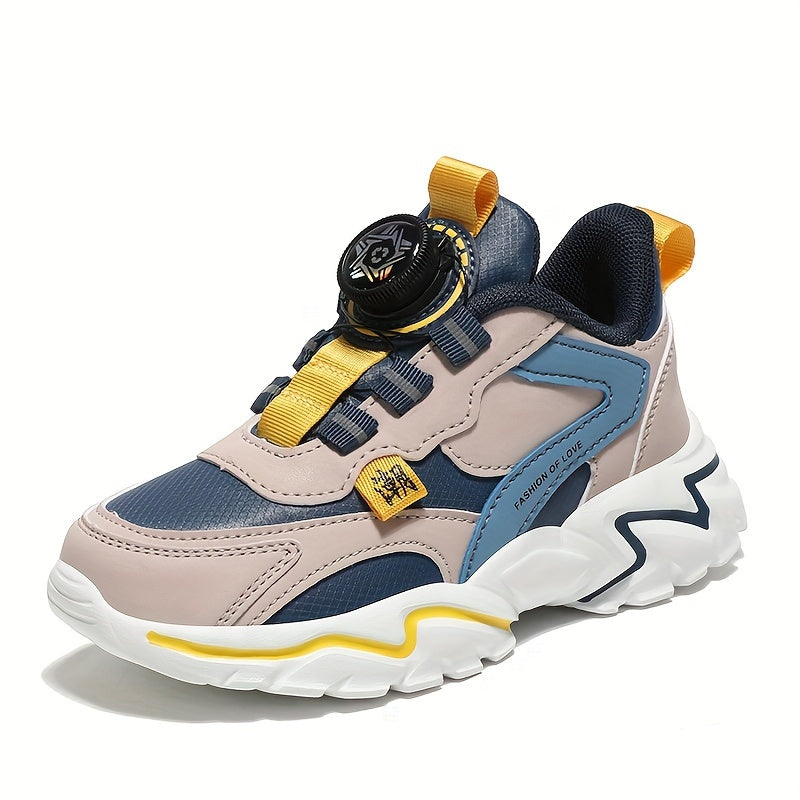 Boys' Fashion Sneakers with Striped Design - Casual Sports Running Shoes with Rotary Buckle Closure, Low Top PU Upper, Fabric Lining, EVA Sole, All-Season Comfort for Daily Wear - Tassel Detail, Round Toe for Ages 14 and Unde
