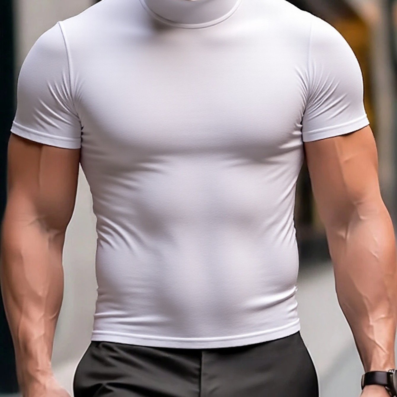 Elastic Men'S Half High Neck Comfortable Casual Simple Short Sleeve T-Shirt - Basic Short Sleeve Top for Men