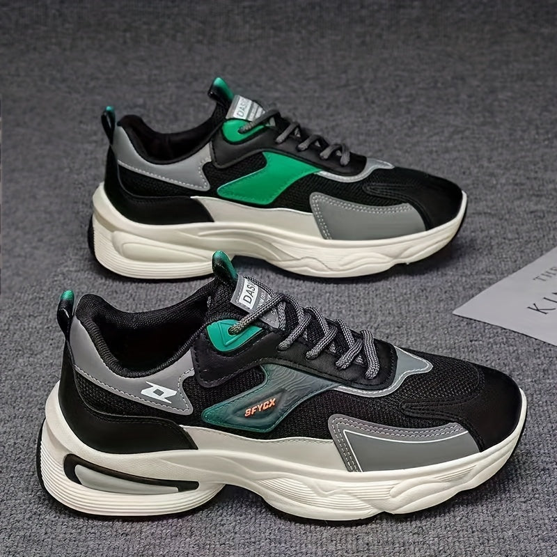 Men'S Casual Sports Shoes - Thick-Soled Lace-Up Sneakers with Synthetic Upper, Cushioned EVA Insole PVC Sole for Outdoor Hiking, Running, Gym - All-Season Comfort in Beige/Black, Brown/White, Green/White, Versatile Trainers