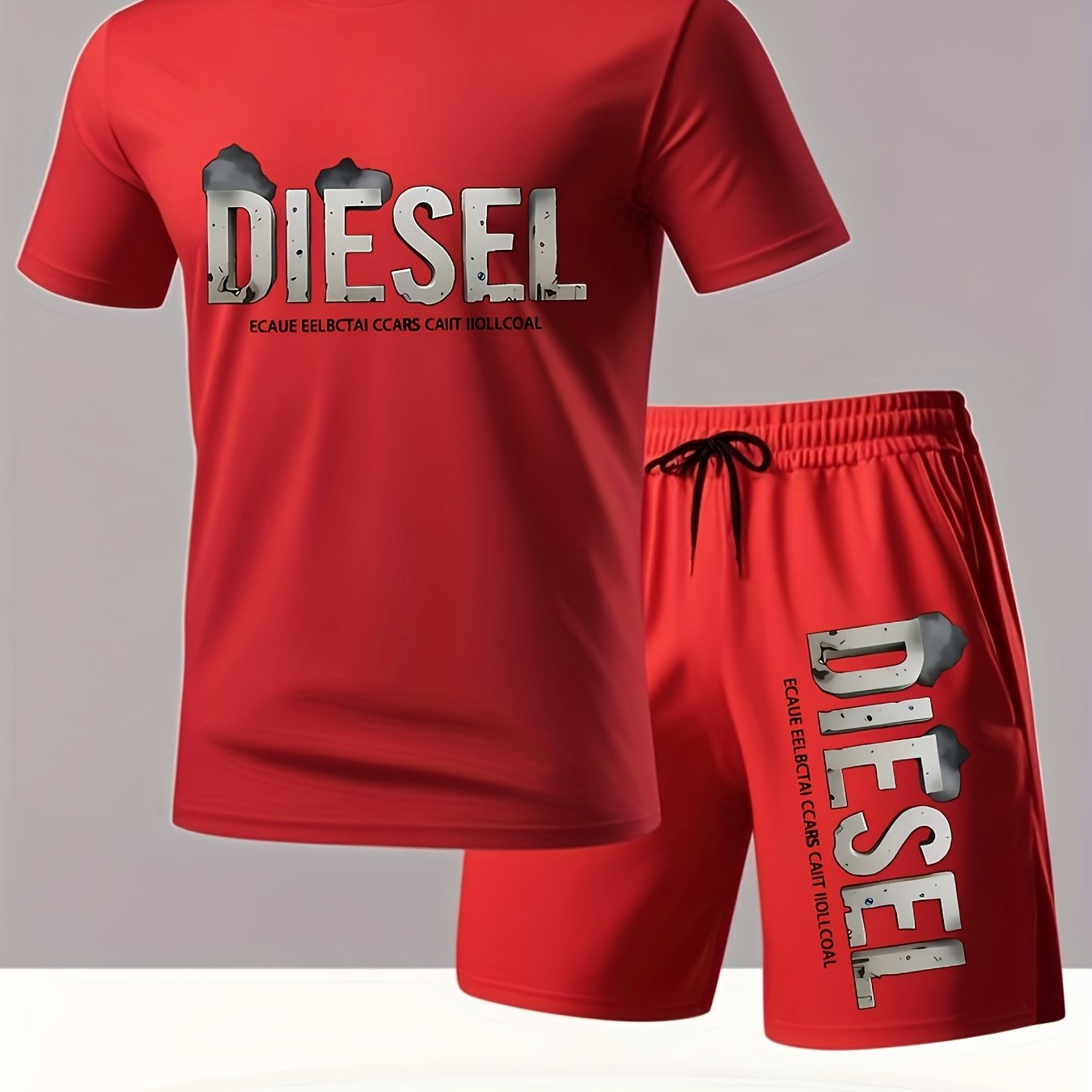 Summer Men'S Casual Sports Short Sleeve T-Shirt and Shorts Set, Comfortable Breathable, Suitable for Outdoor Jogging Running Fitness, Diesel Letter Print Design - 2pcs Set