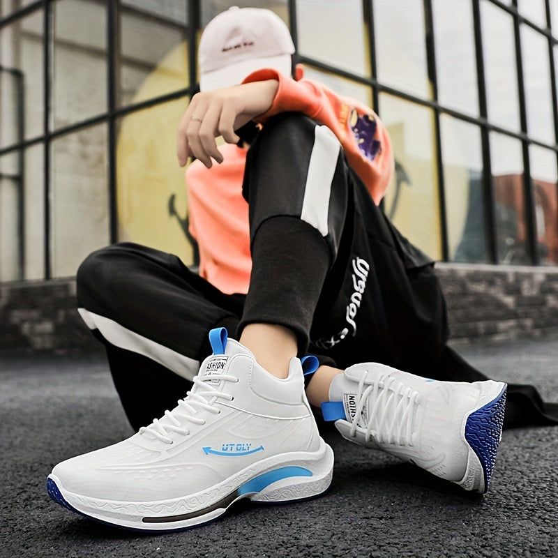 Men'S High-Top Lace-Up Athletic Sneakers - Breathable Fabric, PVC Sole, EVA Insole, Stylish Blue White Design for Casual and Outdoor Activities, Everyday Sneakers Sporty Casual Shoes Durable PVC Sole