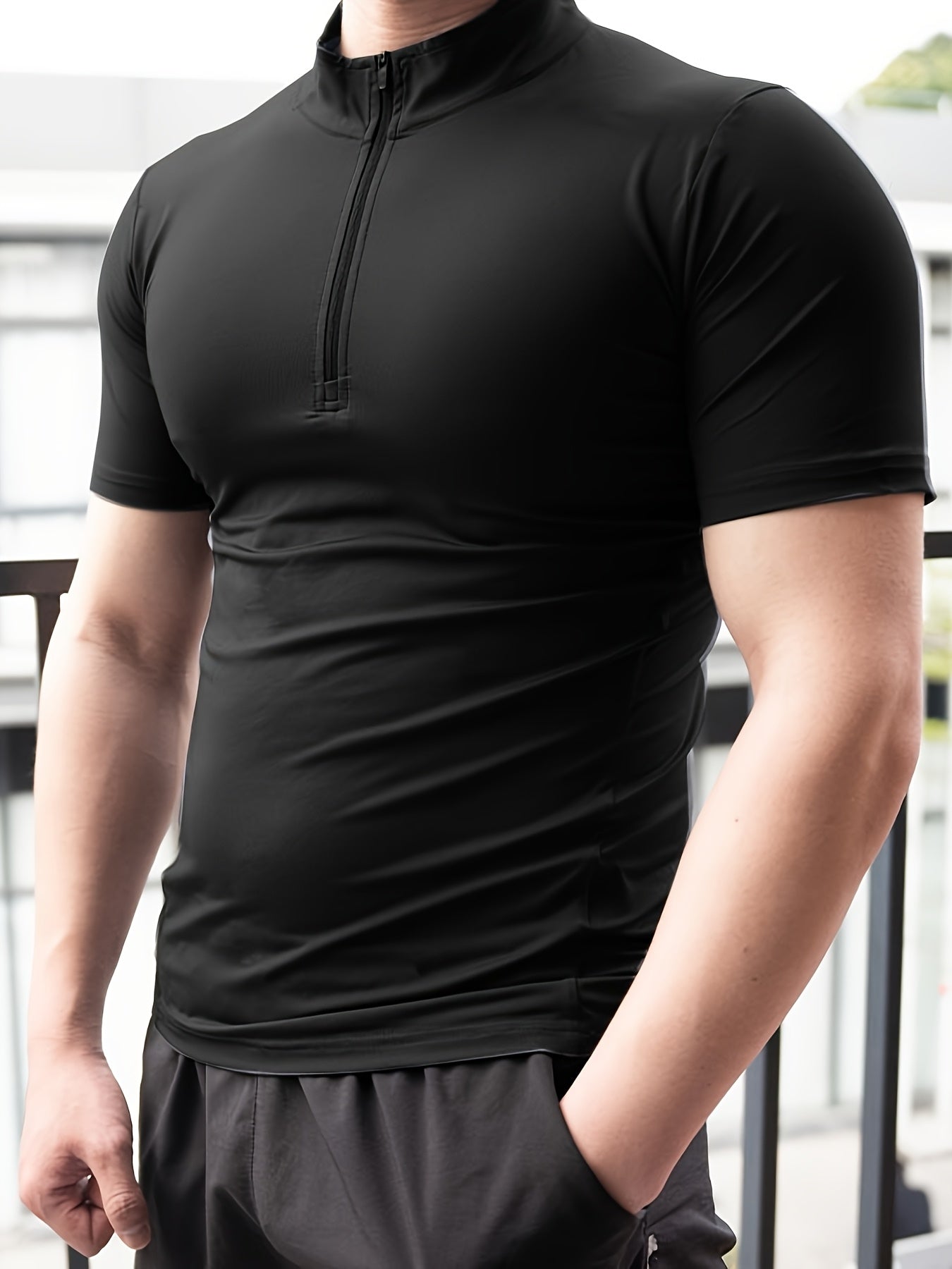 Men's Summer Quick-Dry High Neck T-Shirt - Moisture-Wicking Stretch Fabric, Slim Fit Athletic Top for Gym, Running Training - Solid Color Breathable Workout Shirt, Gym Clothes