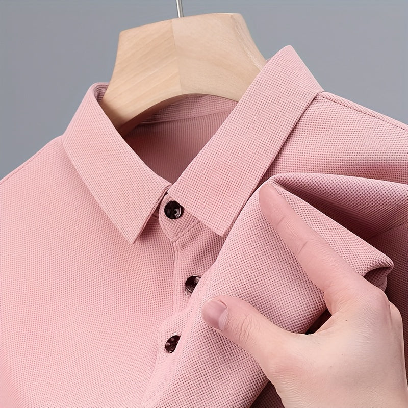 Men's Solid Short Sleeve And Lapel Collar Henley Shirt, Casual And Comfy Sports Tops For Summer Golf Wear And Outdoors Activities