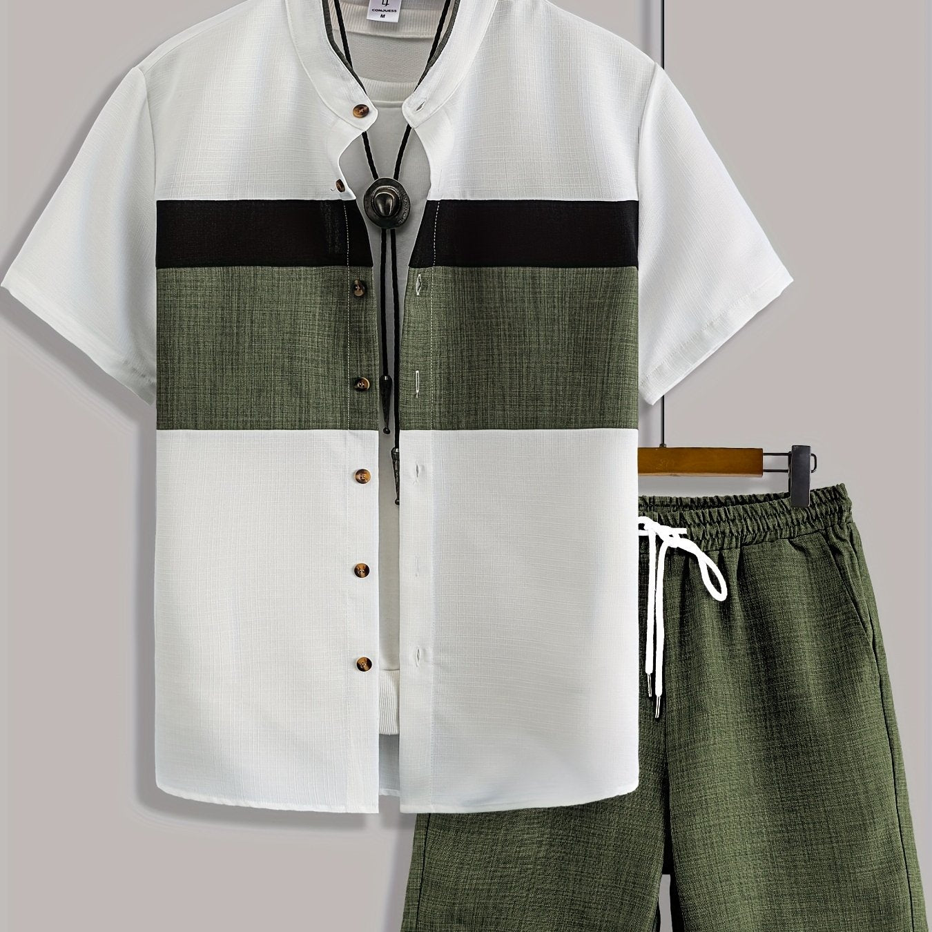 Men'S Casual Solid Color Two-Tone Suit with Stand Collar, Three-Color Imitation Linen, Exquisite Button, Double Short, Solid Color Set