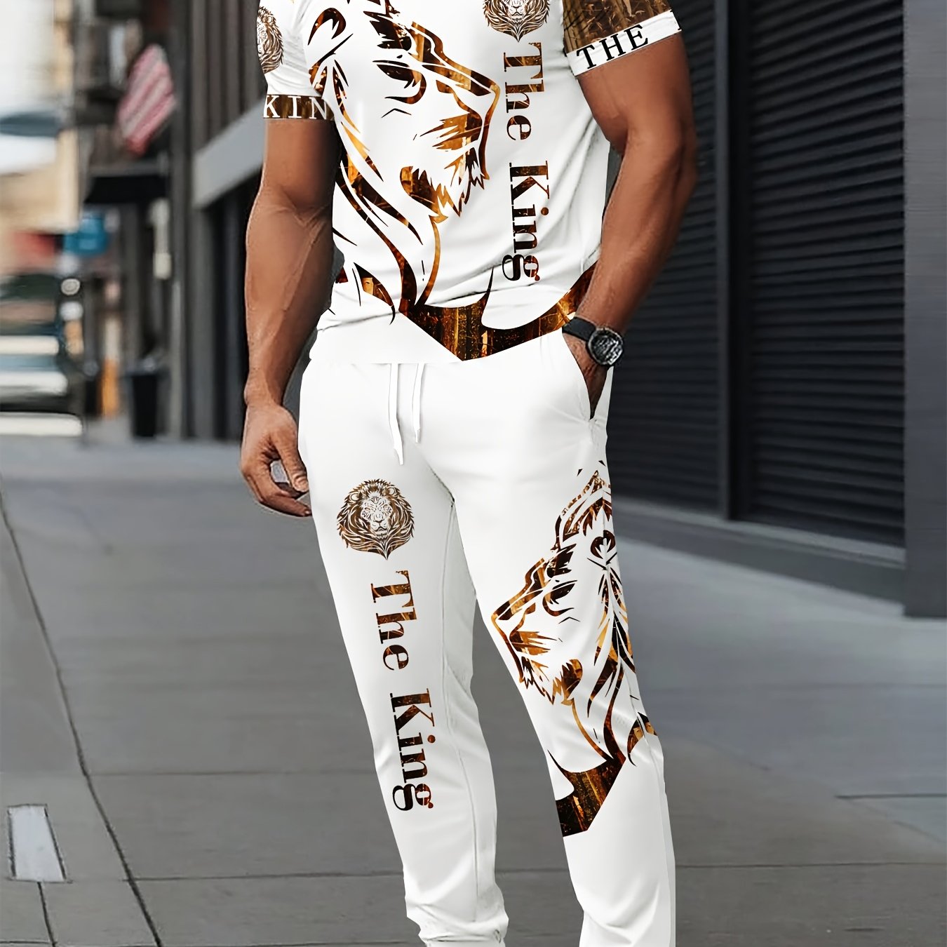 Stylish Lion 3D Print Short Sleeve Crew Neck Men'S Street Casual Suit, Casual Choice, Breathable Outdoor Leisure T-Shirt and Five-Pocket Pants Set Summer 3D Print Adult Suit