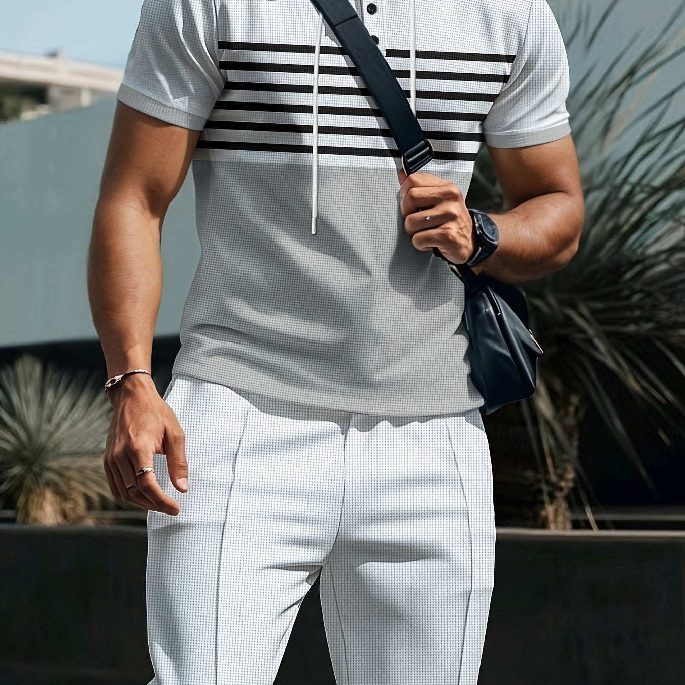 Men'S Summer Casual Sportswear Set, Striped Patchwork Short Sleeve, Polyester Material, Suitable for Leisure and Sports Outings, Fashionable and Trendy, with Drawstring Belt and Pockets, Ideal for Summer Activities, Hooded Sh