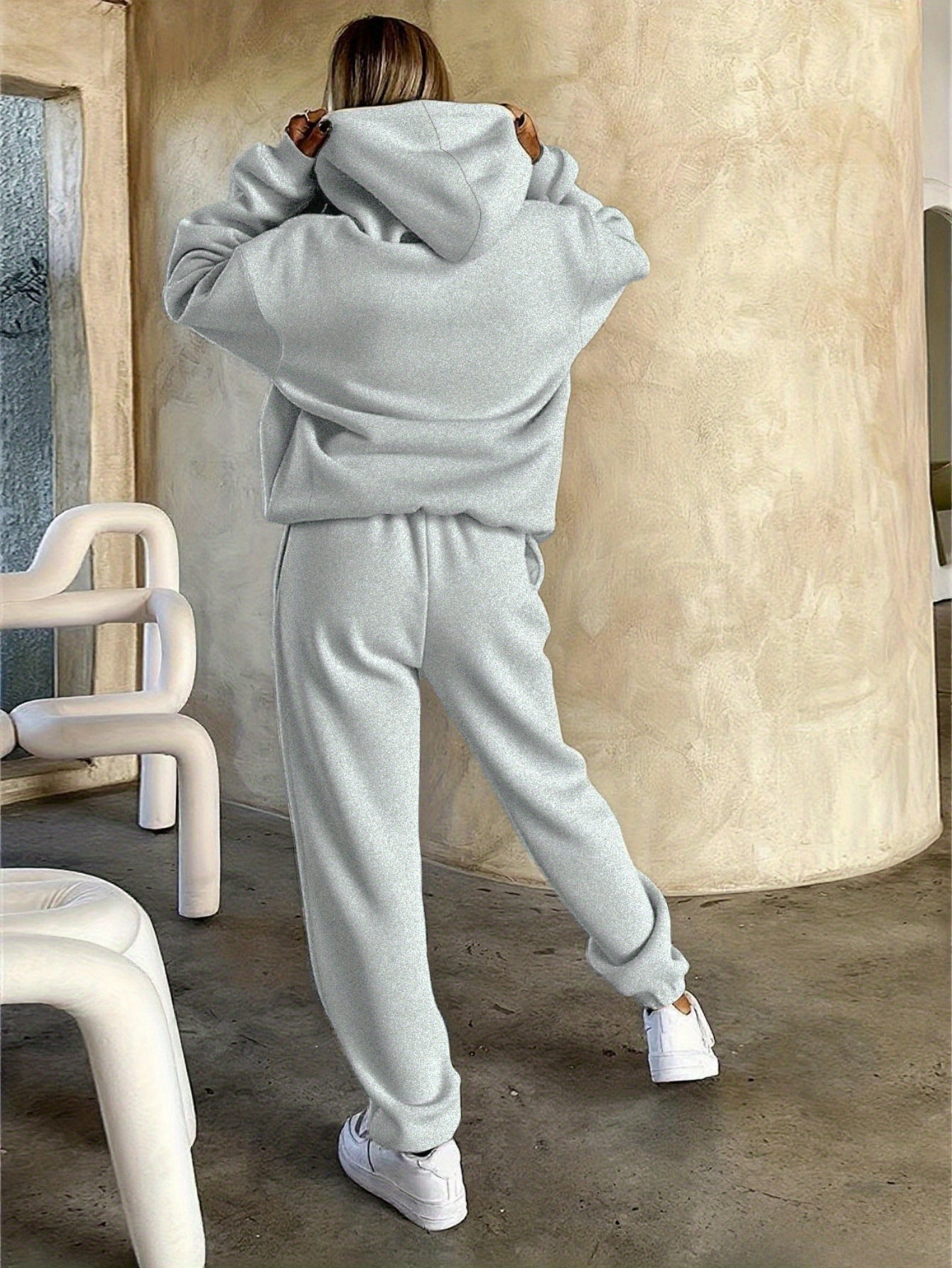New Arrival Gray Print Women's Hooded Drawstring Sweatshirt and Pants Set, Autumn/Winter Warm Long-Sleeve Pullover with Hat, Machine-Washable Polyester, Versatile Outfit