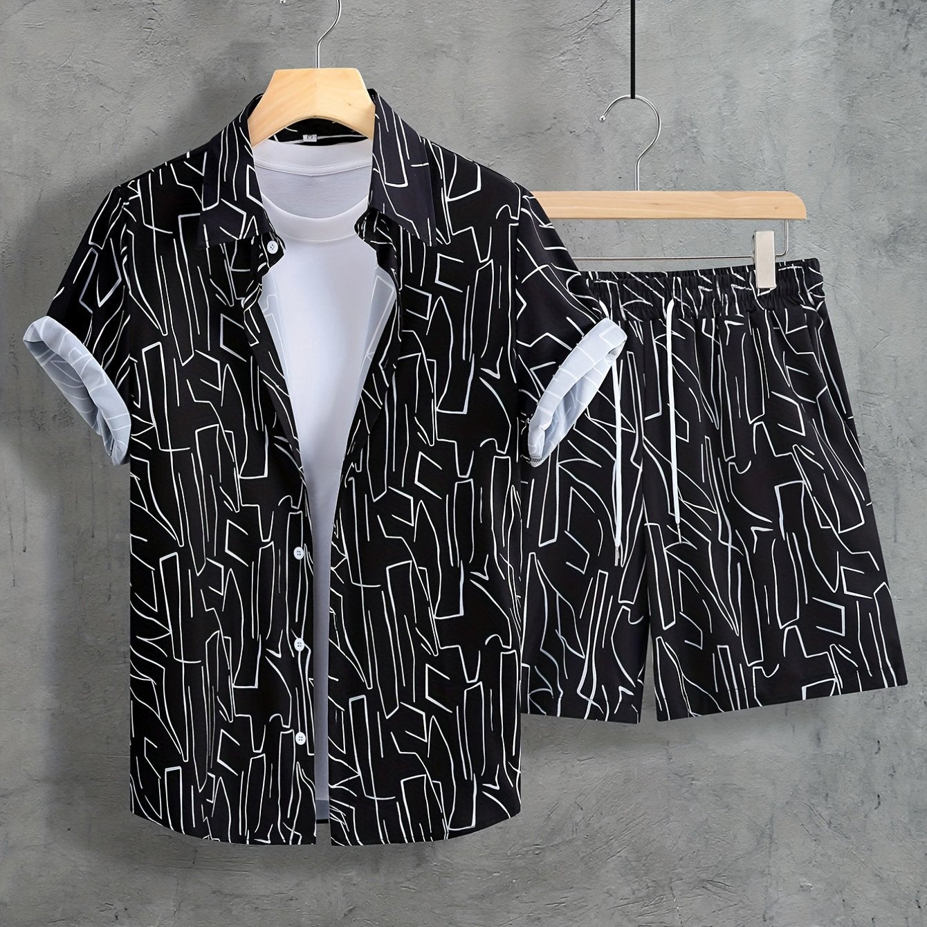 Men'S Summer Casual Short Sleeve Shirt and Shorts Set, Geometric Pattern, Square Neck, Regular Fit, 100% Polyester, Woven Fabric, 120g/m² - Black