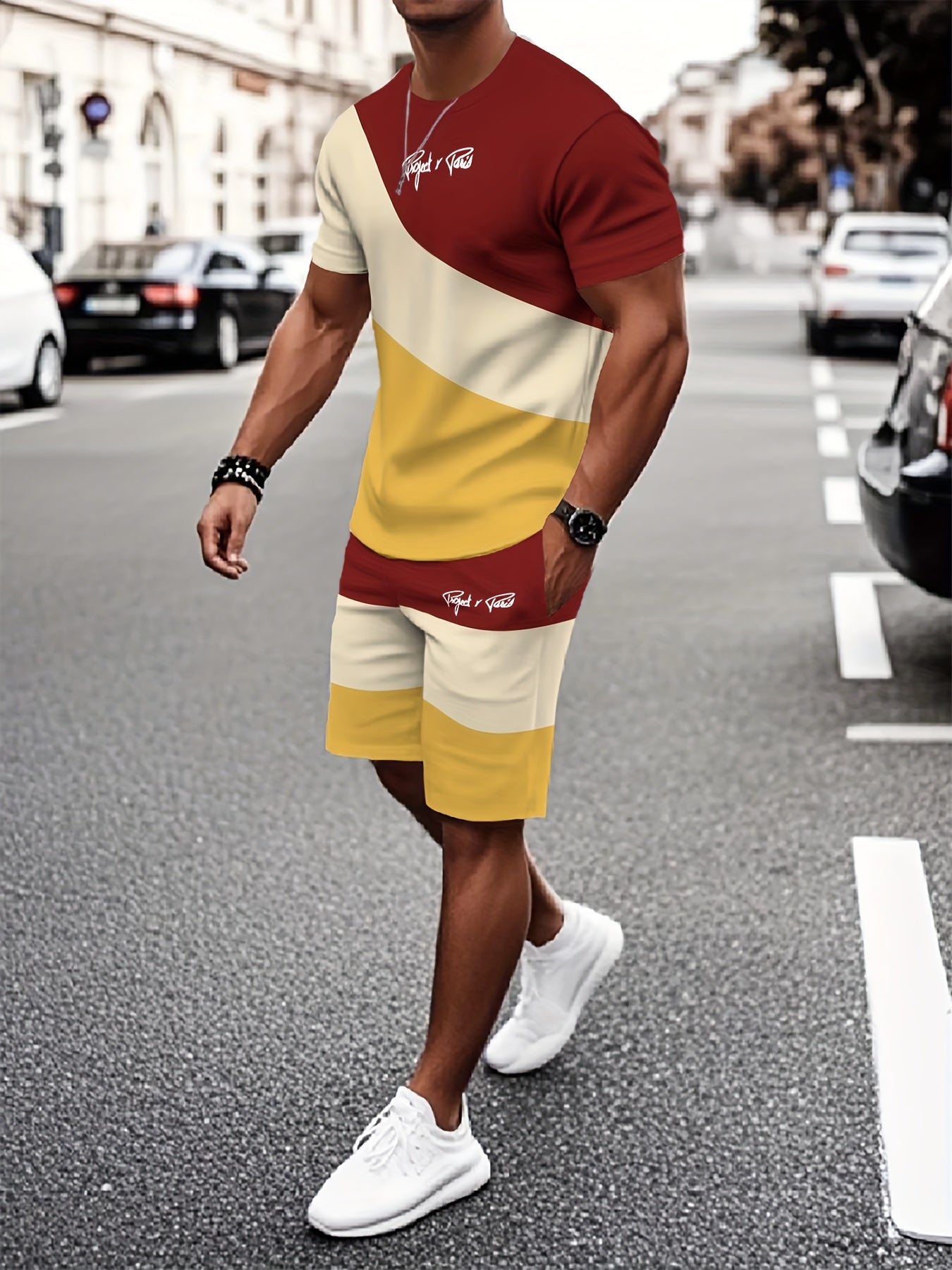 Summer New Round Neck Short Sleeve T-Shirt Set, 3-Color Patchwork Pattern, Front Chest Fashion Letter, Casual Style, Simple Matching Outfit Suitable for Date Night