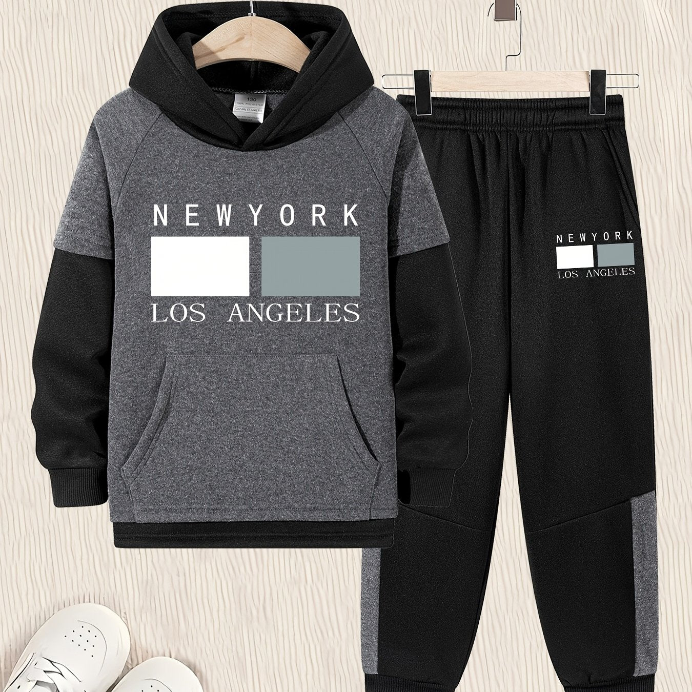 2pcs Boys' Oversized Hooded Sweatsuit & Jogger Pants Set with Letter Print - Beige & Brown Casual Winter Outfits, Thick Warm Fabric, Machine Washable, Pockets, Elastic Waist & Cuffed Hem for Play & Casual Attire - Ideal for L