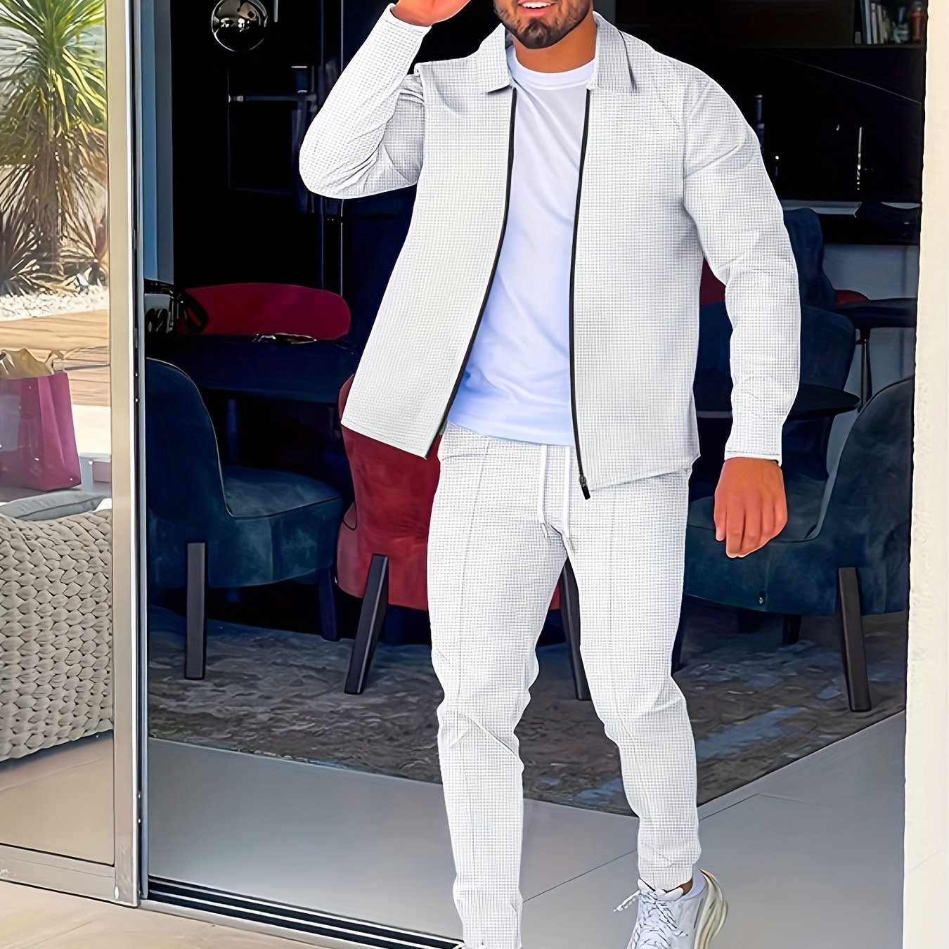 Men's Waffle Collar Suit Fashion Zipper Cardigan Casual Set