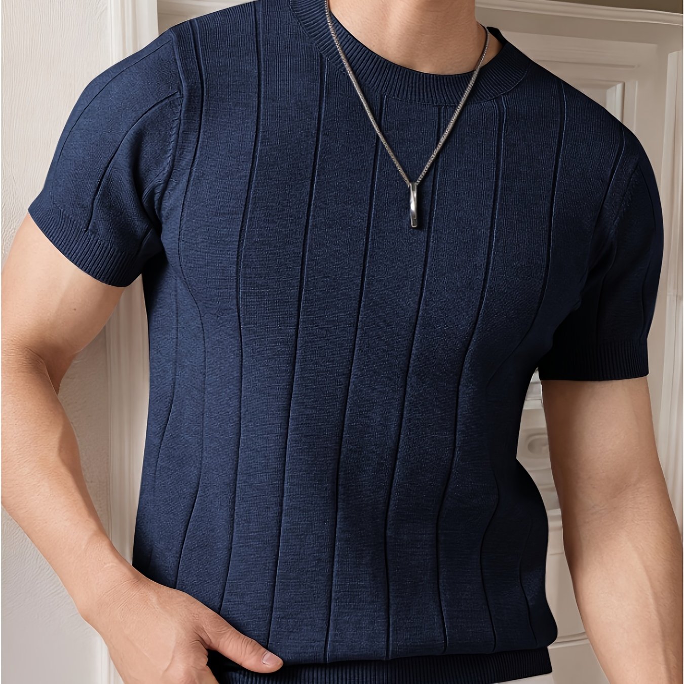 Men's Slim Fit Striped Textured Knit Crew Neck T-Shirt - High Elasticity Short Sleeve Casual Top for Spring/Autumn, Breathable Daily Leisurewear, Spring Fashion, Classic Style, Durable Construction, Pullover Shirt, Stylish Me
