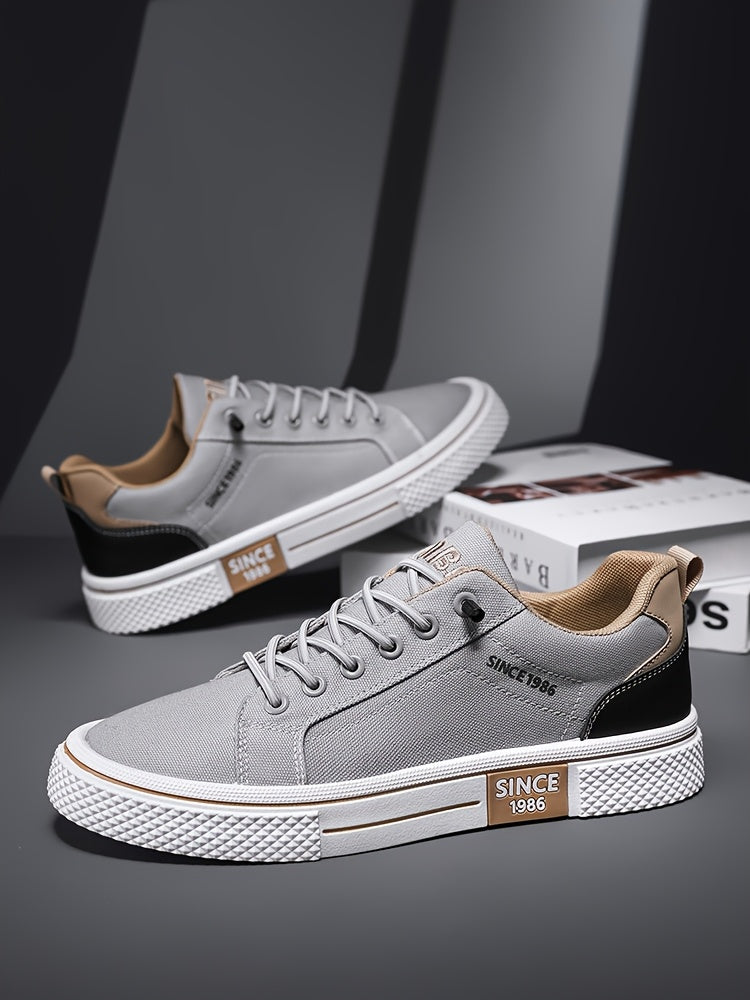 Men's Casual Low-Top Sneakers - Breathable Fabric Durable PVC Sole, Black Beige Contrast Design, Lace-Up Round Toe for All-Season Comfort, Versatile for Casual Semi-Formal Wear, Comfortable Footwear, Fabric Upper