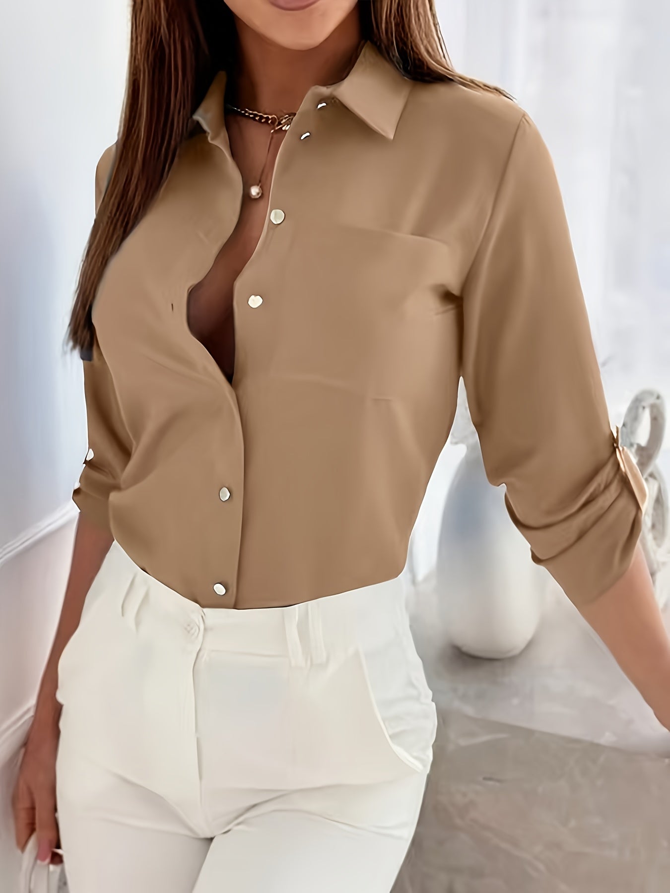 Elegant Solid Color Women's Shirt - Polyester, Button-Up, Non-Sheer, Machine Washable for Spring/Autumn