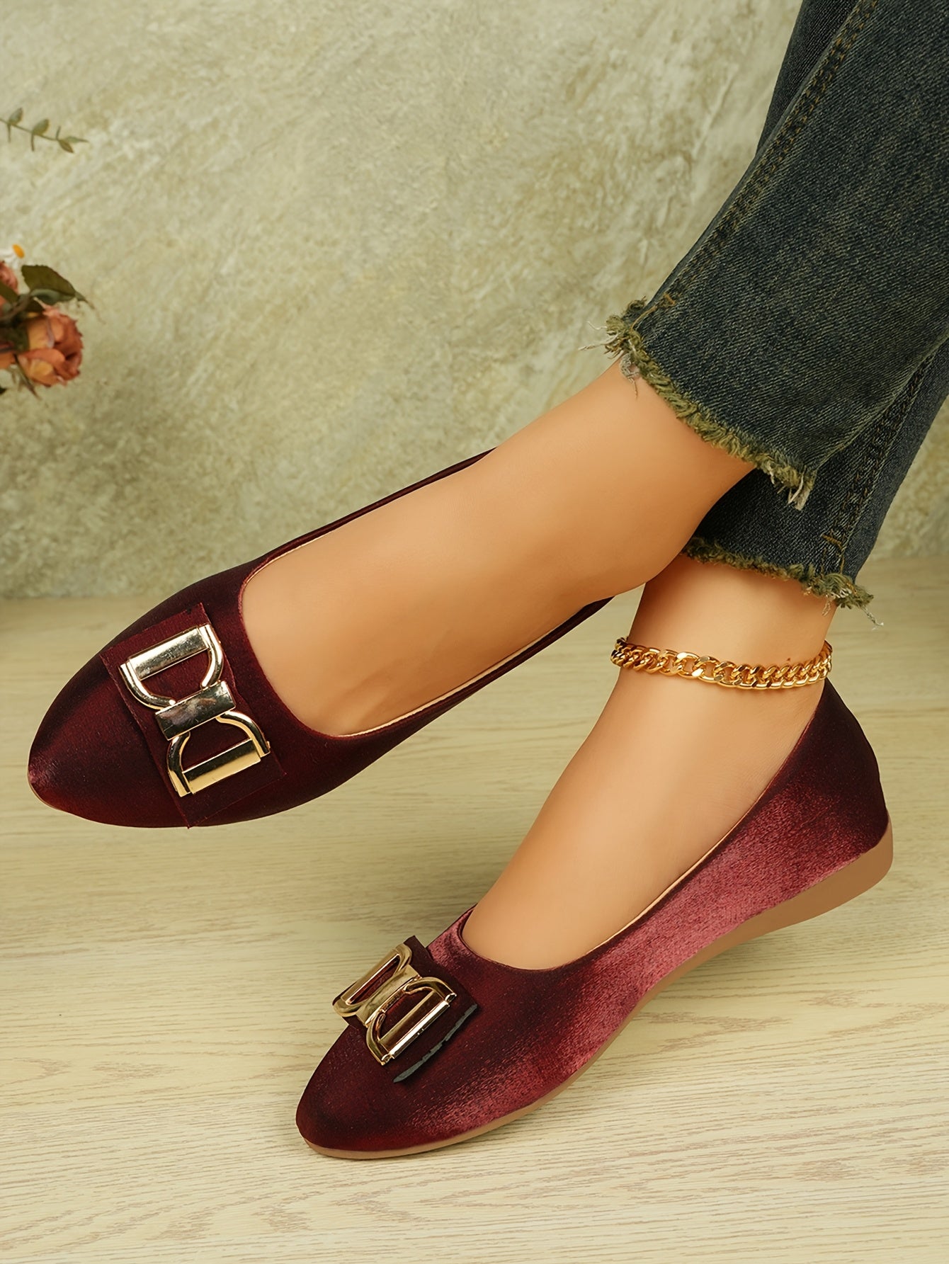 Women's Elegant Red Slip-On Flats with Golden Double Buckle Design - Comfortable Faux Cover Shoes for All Seasons, Pointed Toe Rubber Sole, Perfect for Casual or Dressy Occasions, Dressy Flats Buckle Embellished Shoes Lux