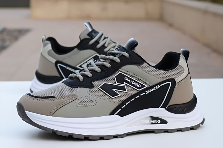 Men's Breathable Mesh Running Sneakers - Durable, Anti-Slip, Odor-Resistant Casual Shoes with Rubber Sole for Spring Fall, Low-Top Lace-Up Design in White, Black Green