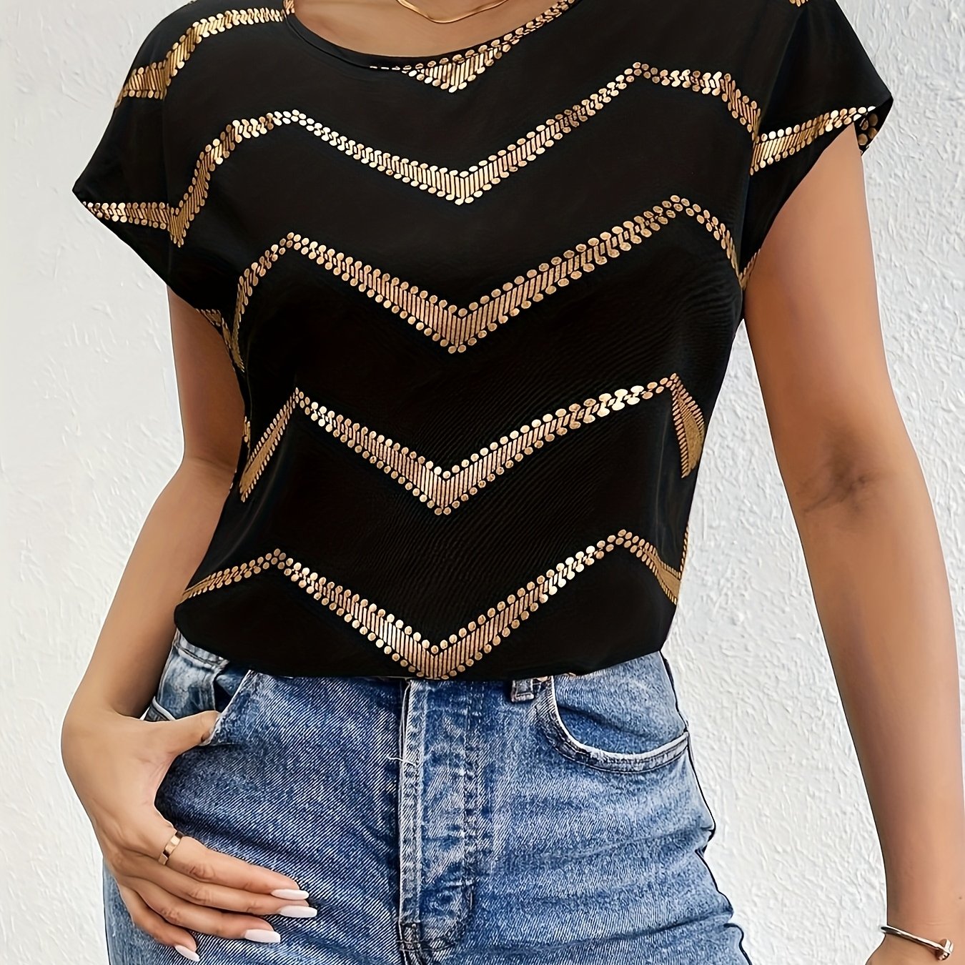 Women's Elegant Batwing T-Shirt - Black with Golden Geometric Print, Stretchy Polyester-Spandex Blend, Round Neck Casual Top for Spring Summer Fall, Machine Washable for Parties Dates Casual Attire