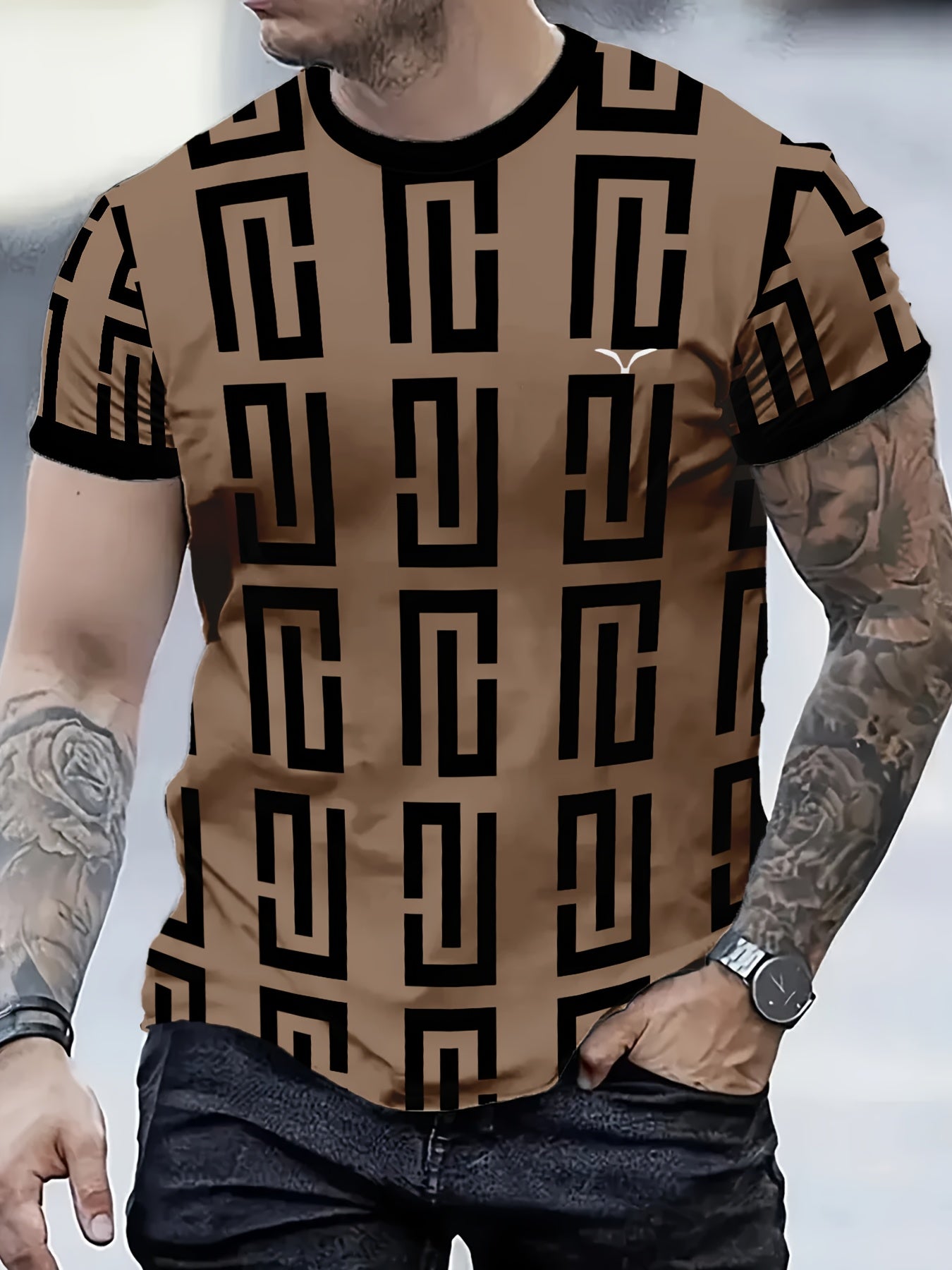 Men's Geometric Print T-Shirt - Stylish Black Gray Pattern, Short Sleeve, Round Neck, Breathable Fabric, Perfect for Casual or Formal Wear, Versatile Clothing Modern Look Comfortable Fit