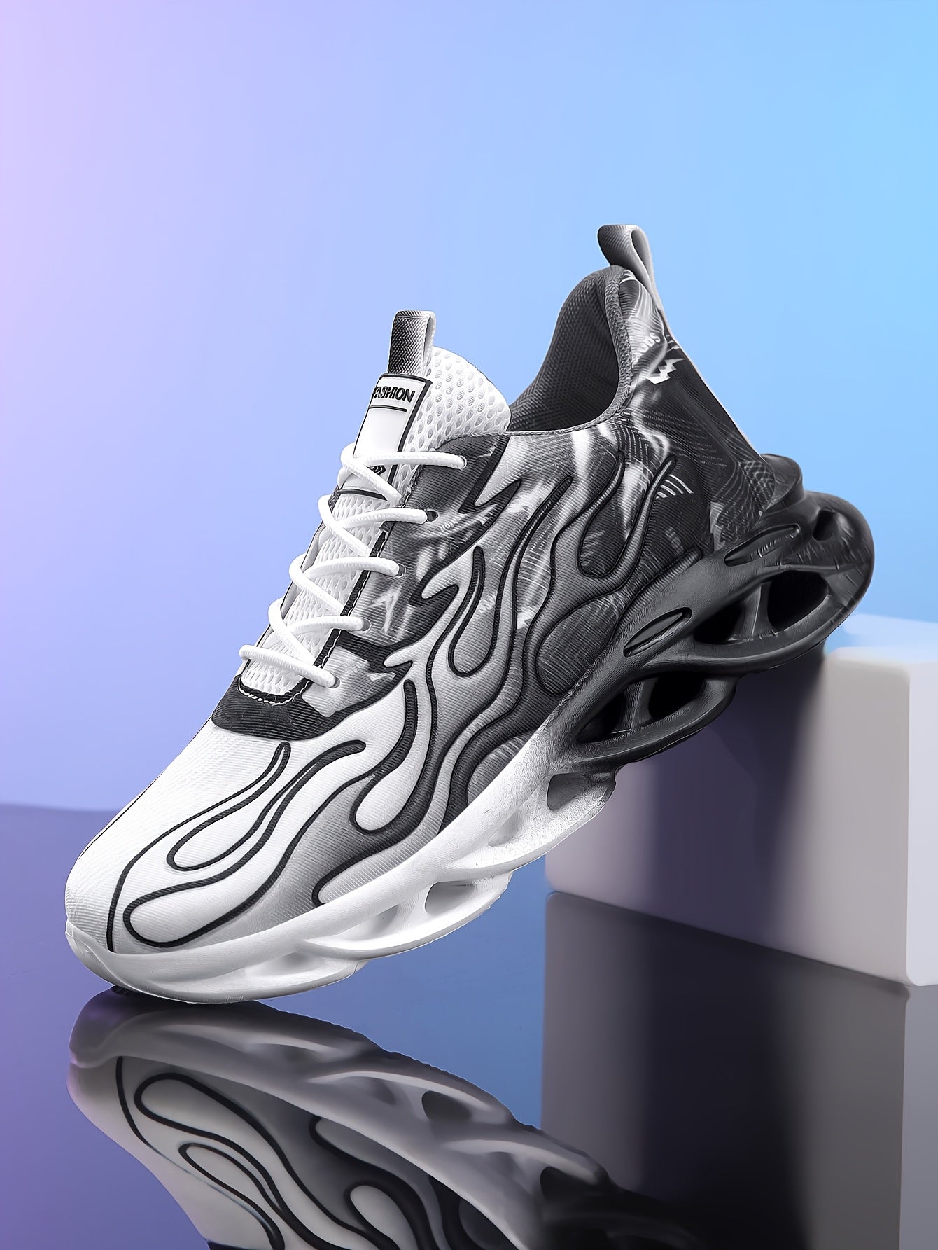 Trendy Black White Gradient Sneakers - Breathable Mesh, Thick Sole for Height Boost, Fashion Athletic Casual Running Shoes with Flame Design, Perfect for Students Casual Attire, High Top Sneakers