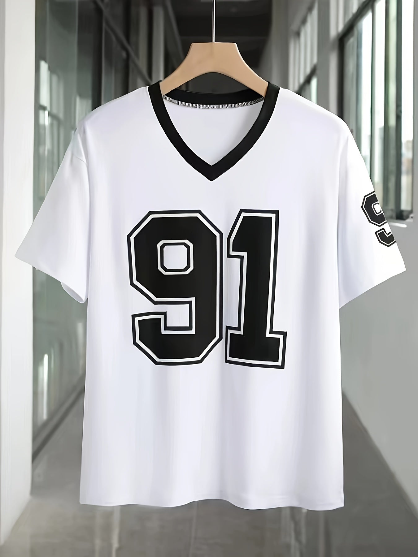 Women's Summer Casual V-Neck Short Sleeve T-Shirt with Bold '91' Digital Print - White & Black Contrast, Breathable Machine-Washable Fabric for Spring/Summer Outfits, Shirts for Summer, Everyday Comfort Tee, Edgy Contrast Des