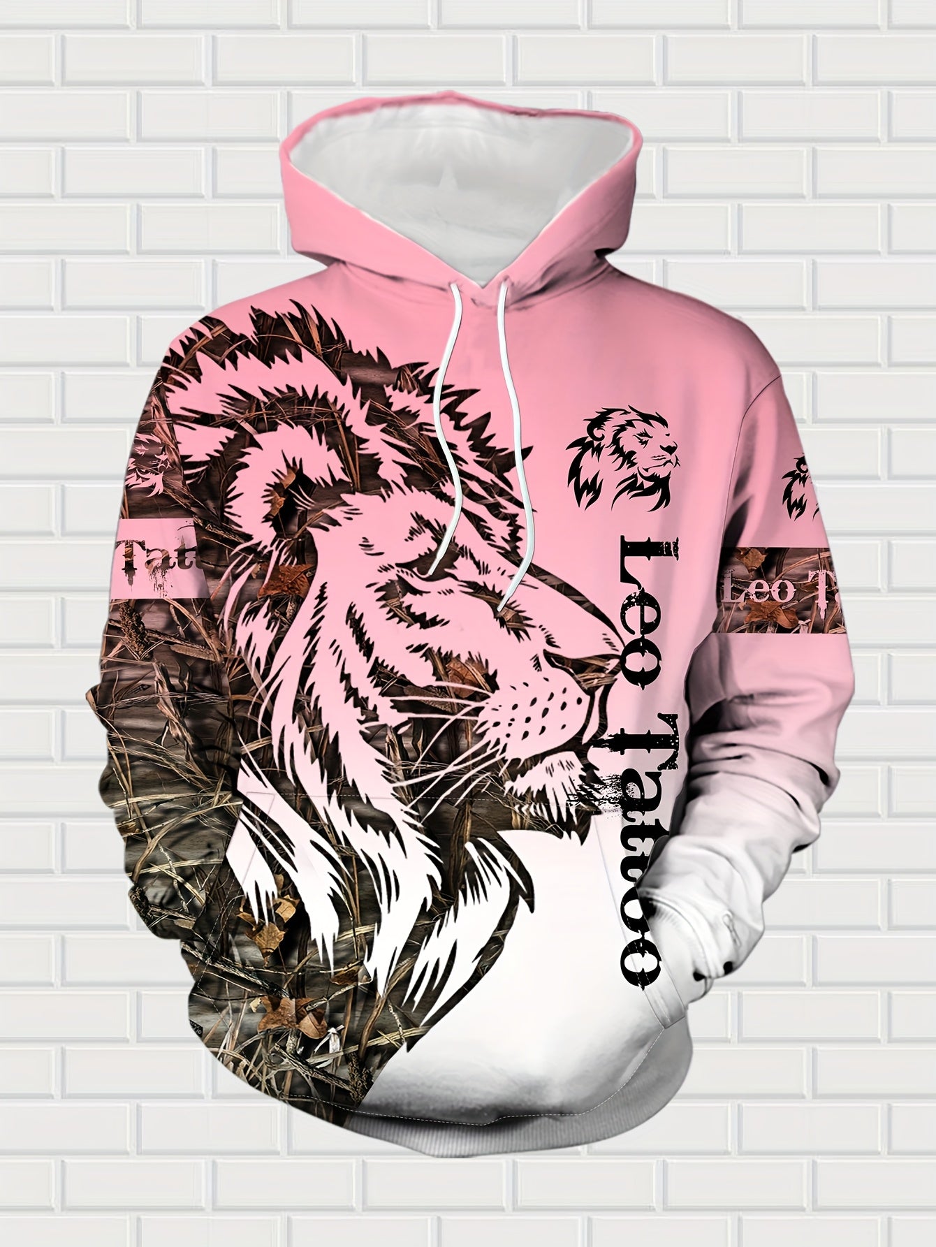 1set Fashion Street Style Men'S Lion Letter Print Hoodie and Sweatpants Set, Casual Weekend Wear, Polyester Knit Fabric with Slight Stretch, Animal Pattern, Regular Fit, for Spring/Fall