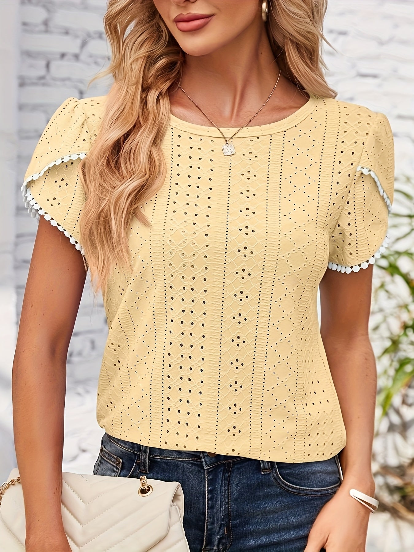 Women'S Elegant Blouse - Soft Pink Round Neck T-Shirt with Floral-like eyelet details, Breathable Loose Fit Top for Casual & Formal Outfits - Everyday Summer Shirt for Women, Ladies T Shirts, Versatile Clothing, Feminine Styl