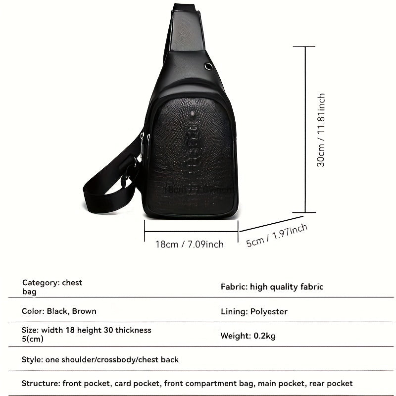 Men's Stylish Black PU Leather Sling Bag - Large Capacity Lightweight Crossbody Chest Pack with Embossed Design & External Earphone Hole for Casual Outings, Crossbody Bag
