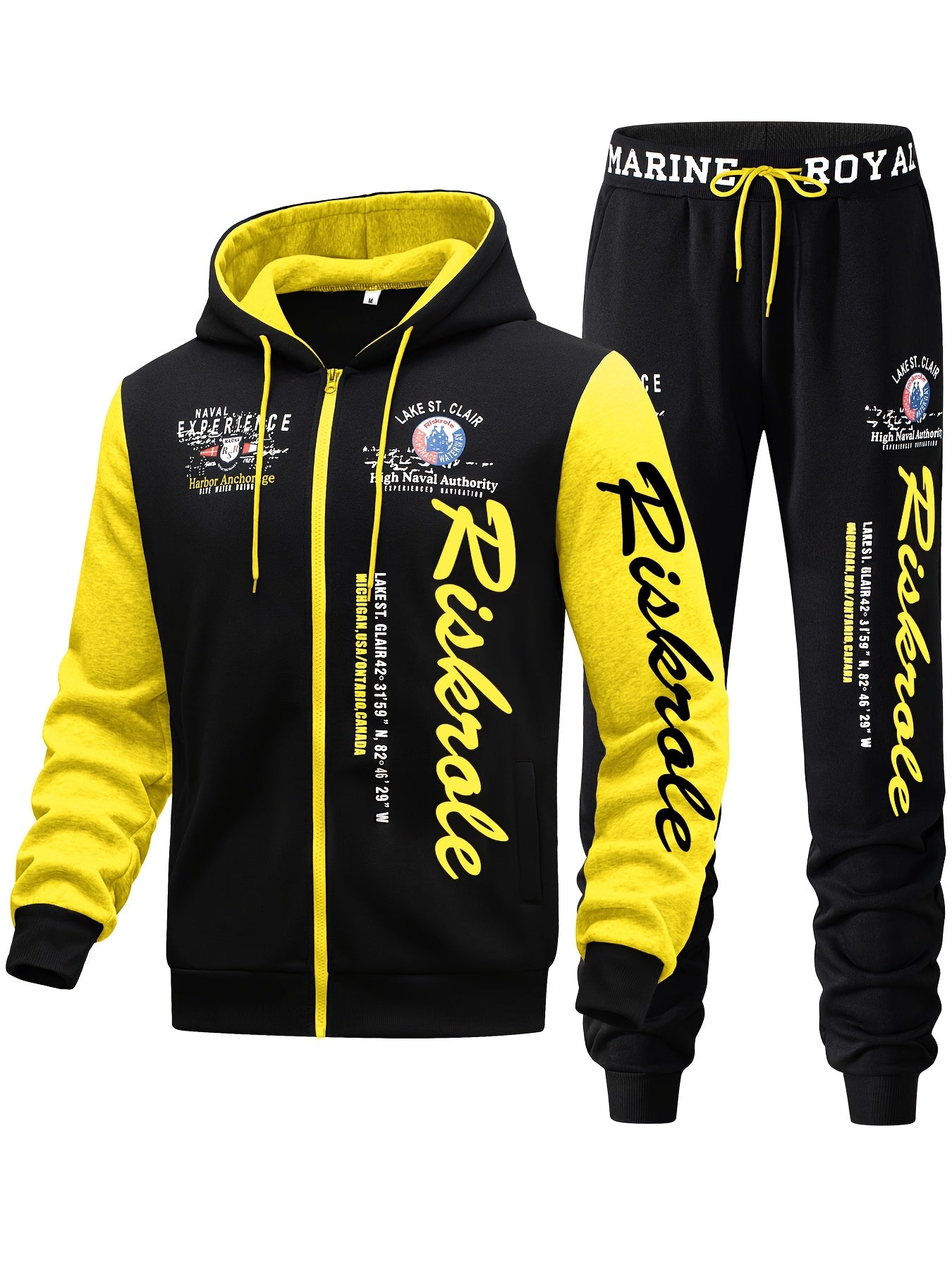 Men's Hooded Letter Print Tracksuit, 2pcs Casual Sports Set, Fashion Hoodie With Full-zip And Elastic-waist Pants, Regular Fit, Outdoor Cloth